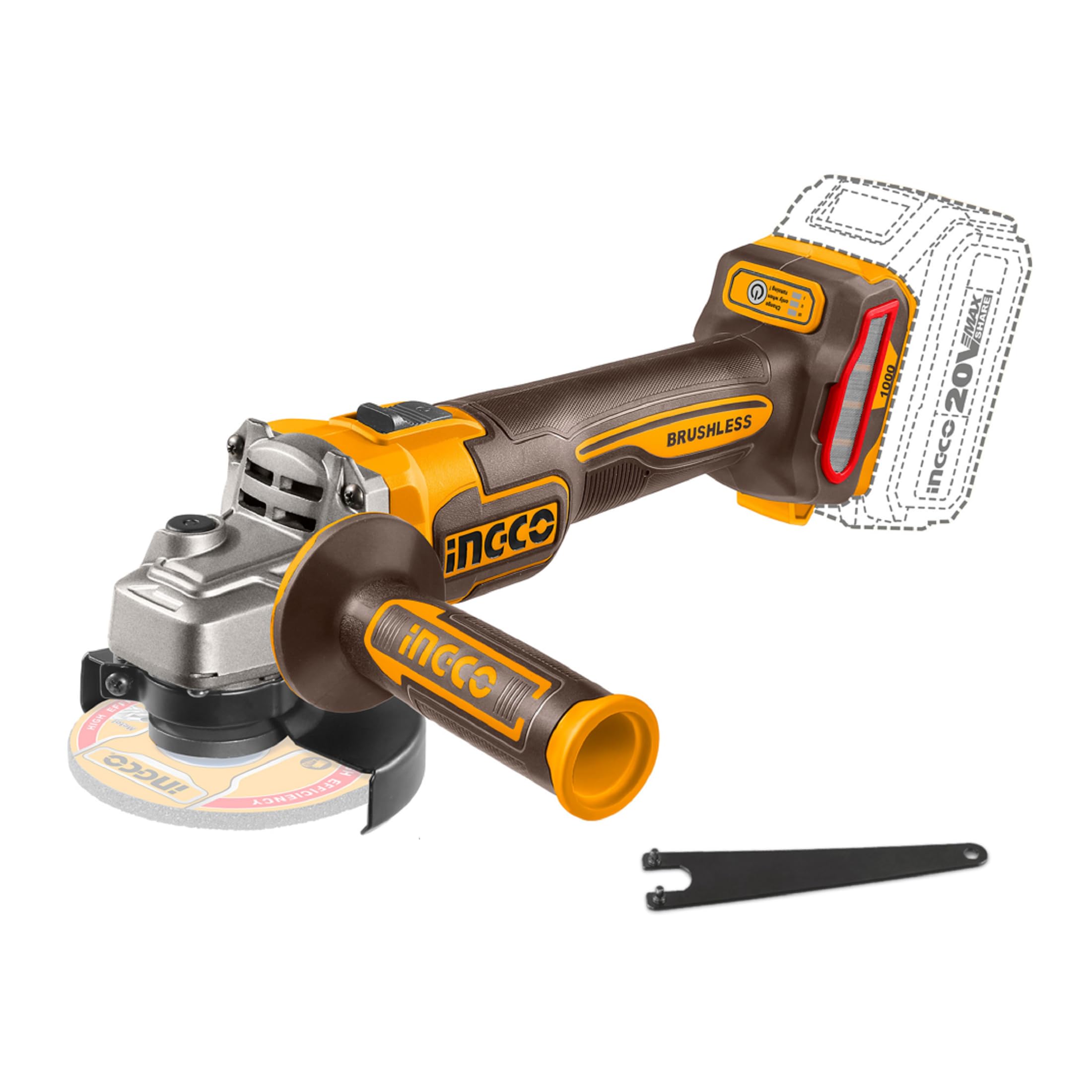 INGCO Amoladora angular inalámbrica de 20 V (producto solo) 115 mm, 1000 W, motor sin escobillas, variable de 3 velocidades, 3000/6000/9000 rpm para cortar, pulir y afilar CAGLI27153