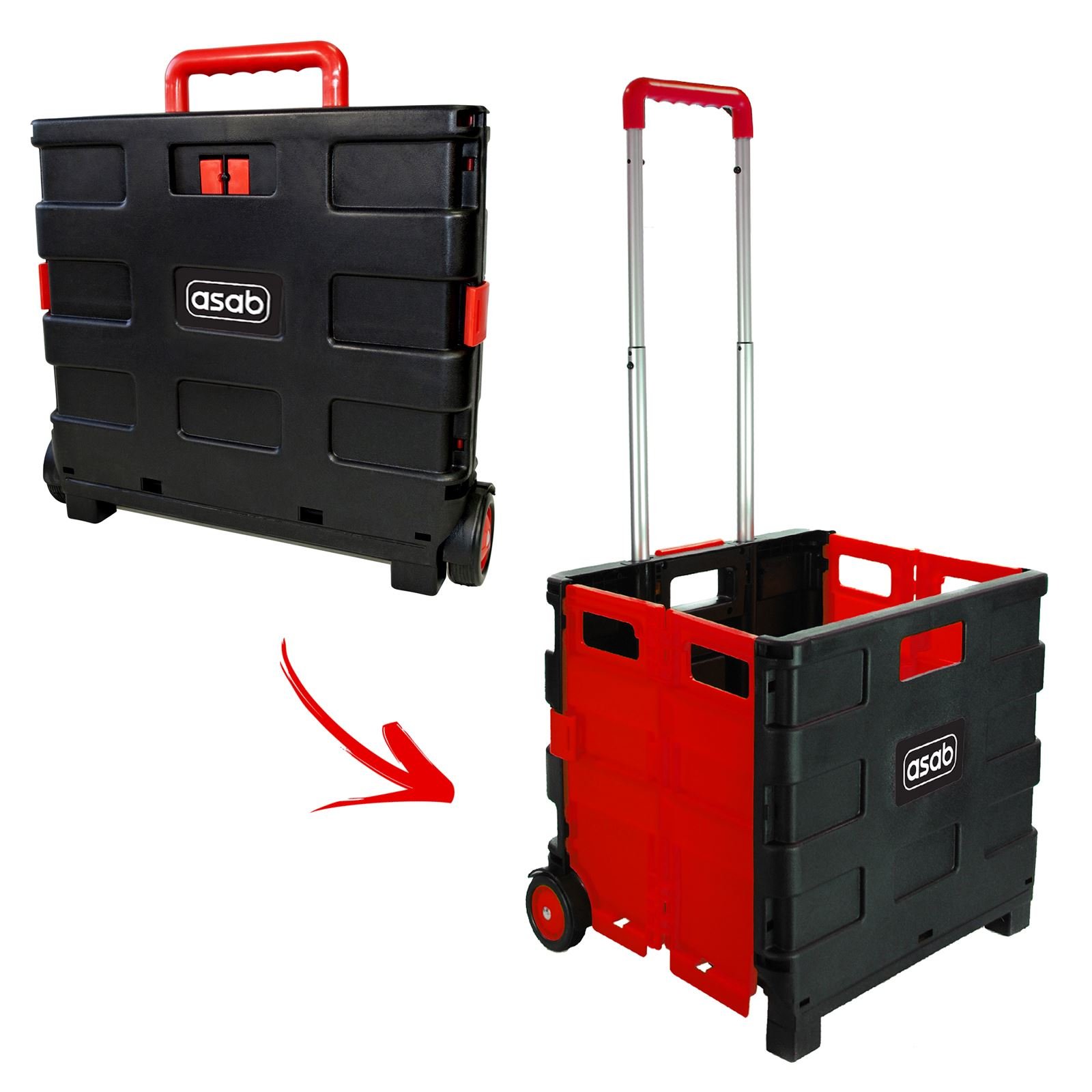ASAB Foldable Plastic Book Trolley Cart Lightweight Teacher's Book Cart 2 Wheeled Book Trolley On Wheels Folding Storage Box with Aluminium Handle Shopping Trolley On Wheels (25KG, Black & Red)
