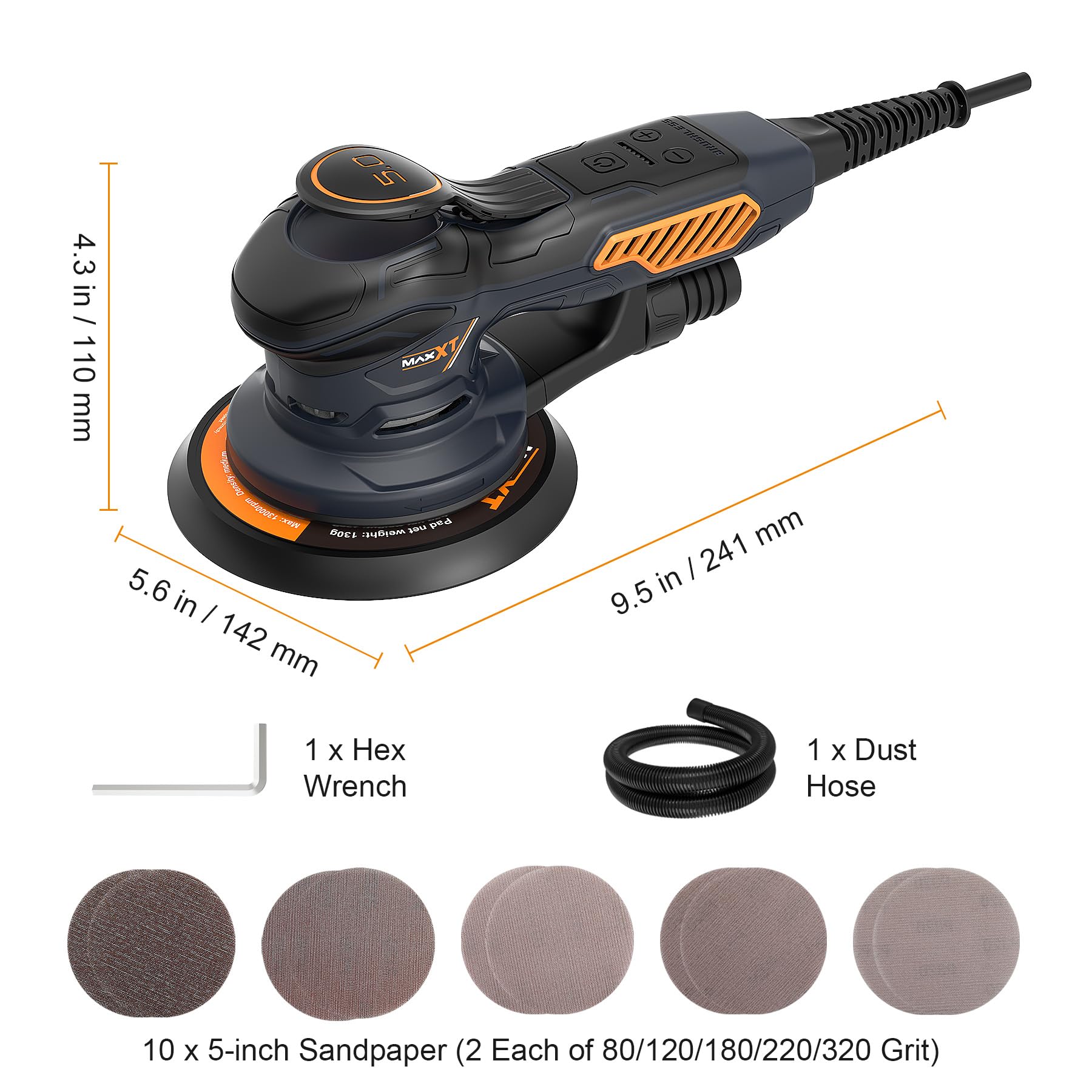 MAXXT Levigatrice Orbitale - 6 Velocità Regolabili, 10000 RPM, 150mm, 10PCS Carte Abrasive, Facile da Cambiare, per Legno e Metallo (Multipli Angoli)