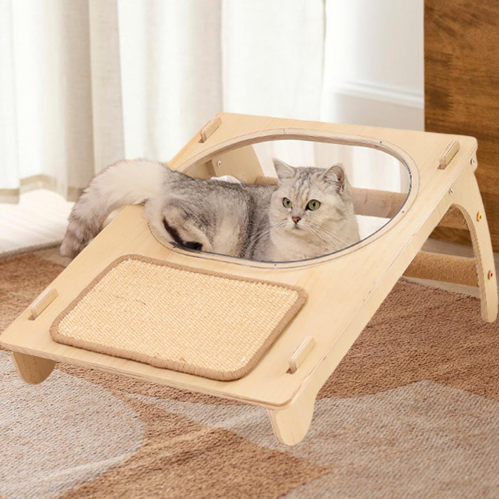 Baoblaze Wooden Cat Scratcher and Lounge Pet Spaceship Bed Anti-Scratch Cat Climbing Frame for Overlooking Playing Indoor Cats Kitten