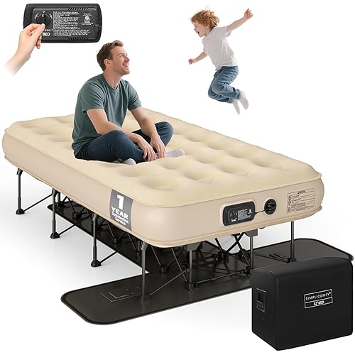 Simpli Comfy EZ Bed Twin Self-Inflating Air Mattress with Built-in Frame, Pump and Wheeled Case, Blow Up Inflatable Air Bed Perfect for Home, Guests, Travel, Vacation, Camping