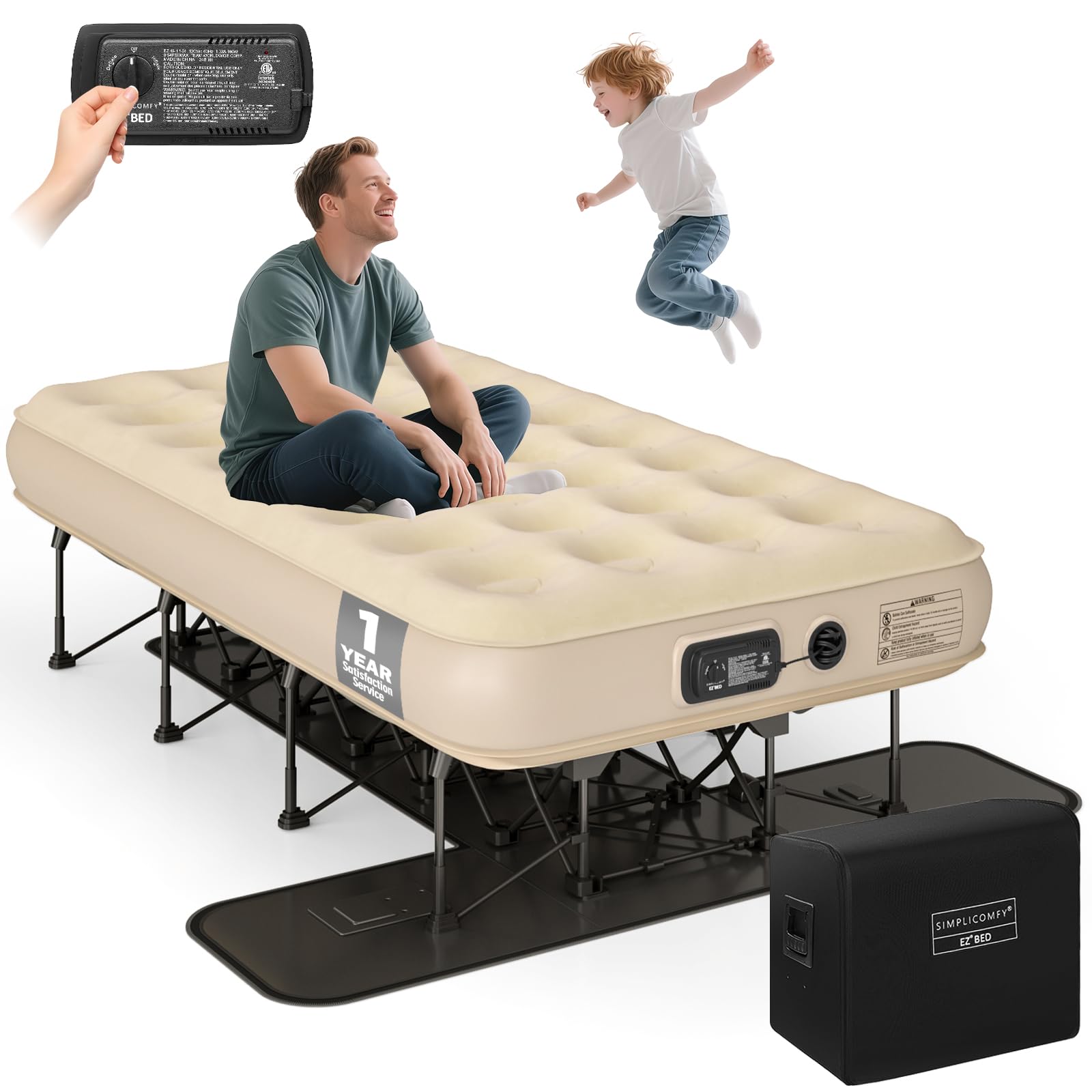 Simpli Comfy EZ Bed Twin Self-Inflating Air Mattress with Built-in Frame, Pump and Wheeled Case, Blow Up Inflatable Air Bed Perfect for Home, Guests, Travel, Vacation, Camping