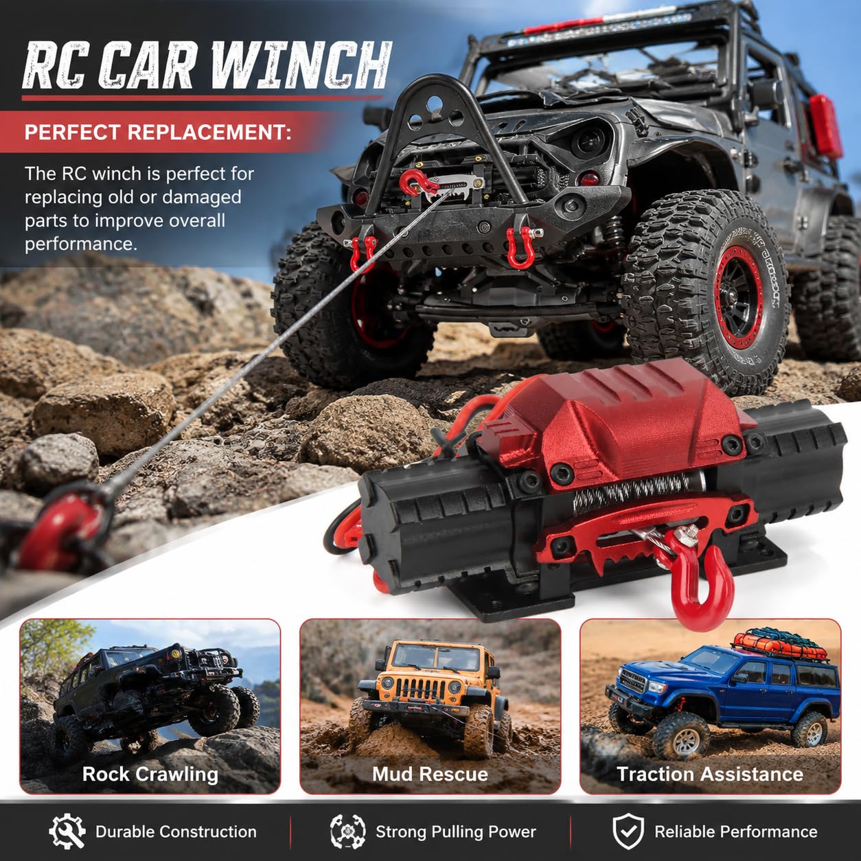 RC Auto Winch, Doppelmotor Seilwinde mit 10kg Zugkraft für RC Auto - Aluminium Konstruktion kompatibel mit Crawler und Geländewagen (Schwarz)
