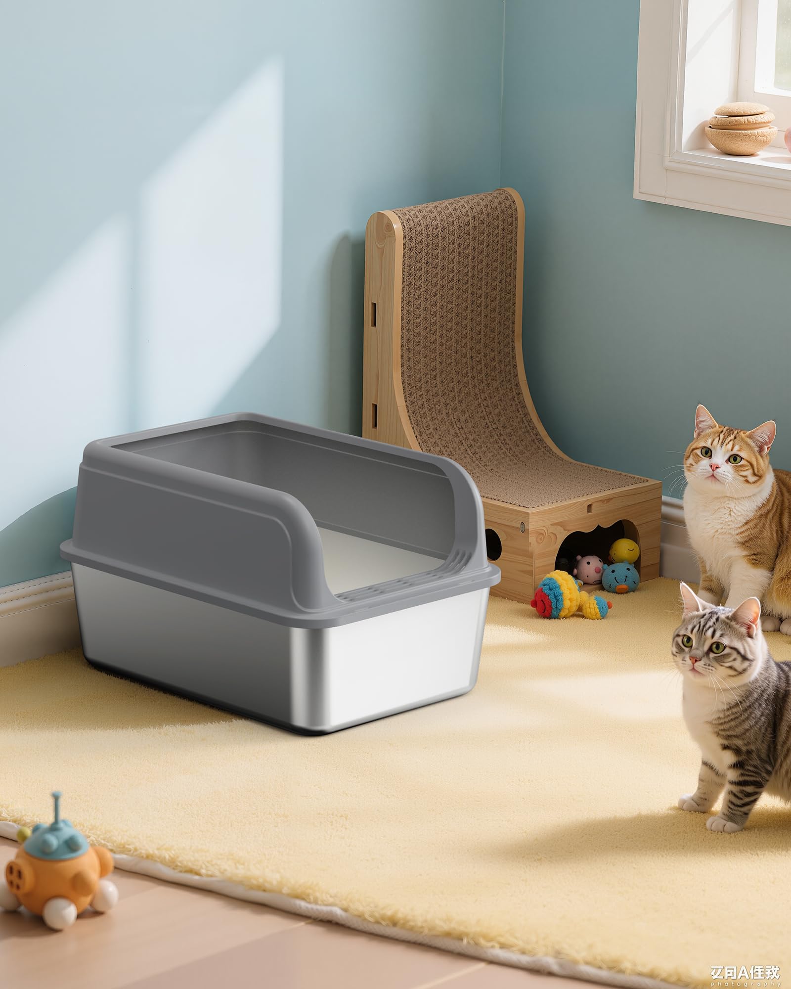 Stainless Steel Cat Litter Box, Metal Kitty Litter Box with Scoop, Anti-Leakage Top Entry, Non-Sticky, Easy to Clean, Grey, 13.5" × 17.3" × 11"