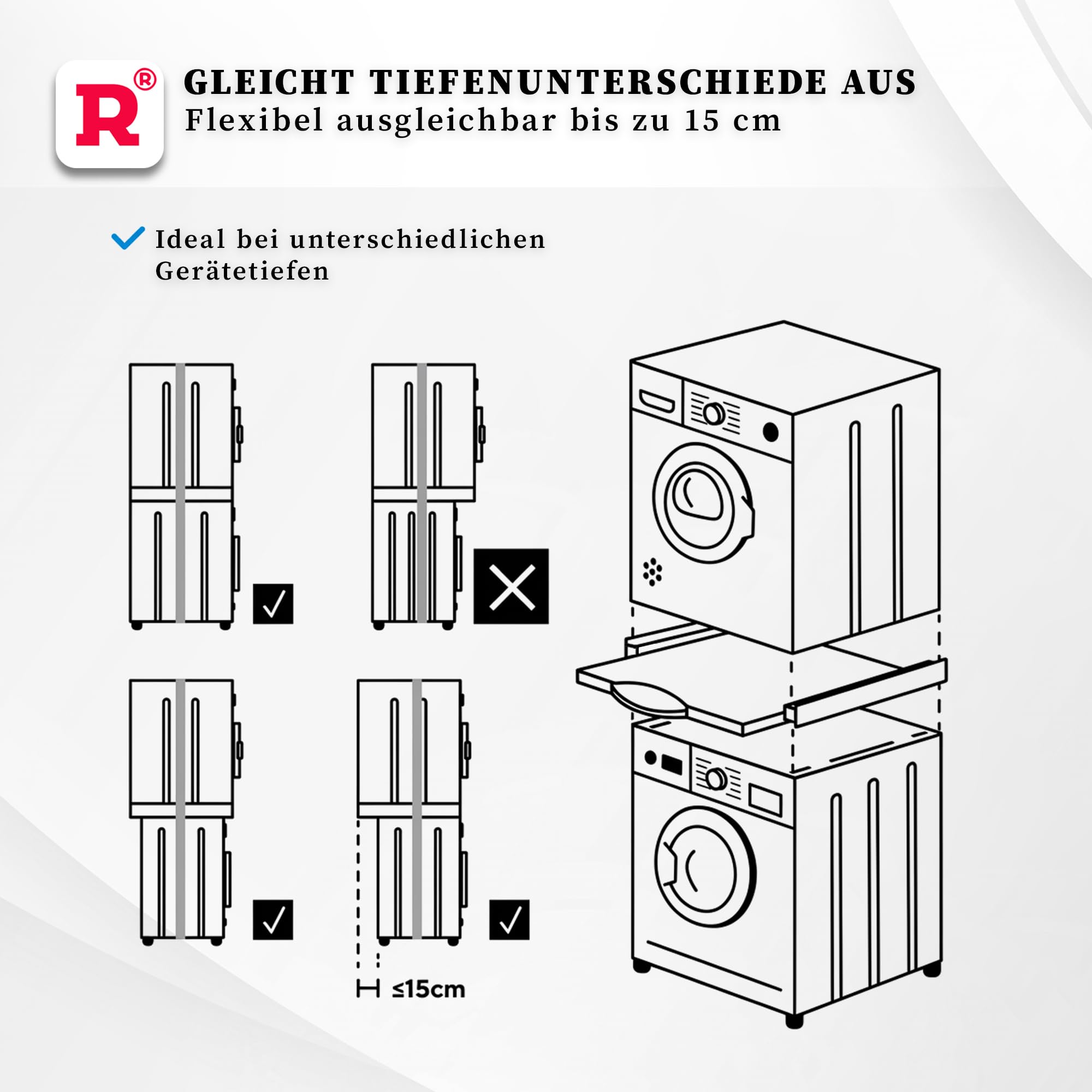 ROLLER Kappatos Zwischenbaurahmen Waschmaschine Trockner mit Schublade | Aluminium Verbindungsrahmen, 60x60 cm, Stapelrahmen Universal, 100 kg Tragkraft, Made in EU, Vormontiert