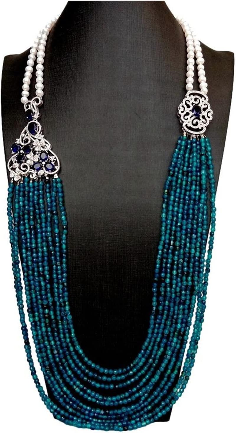 10 Rows Blue Agate Cultured White Pearl Necklace Multi Strands Jewelry Statement Necklace Women Gift