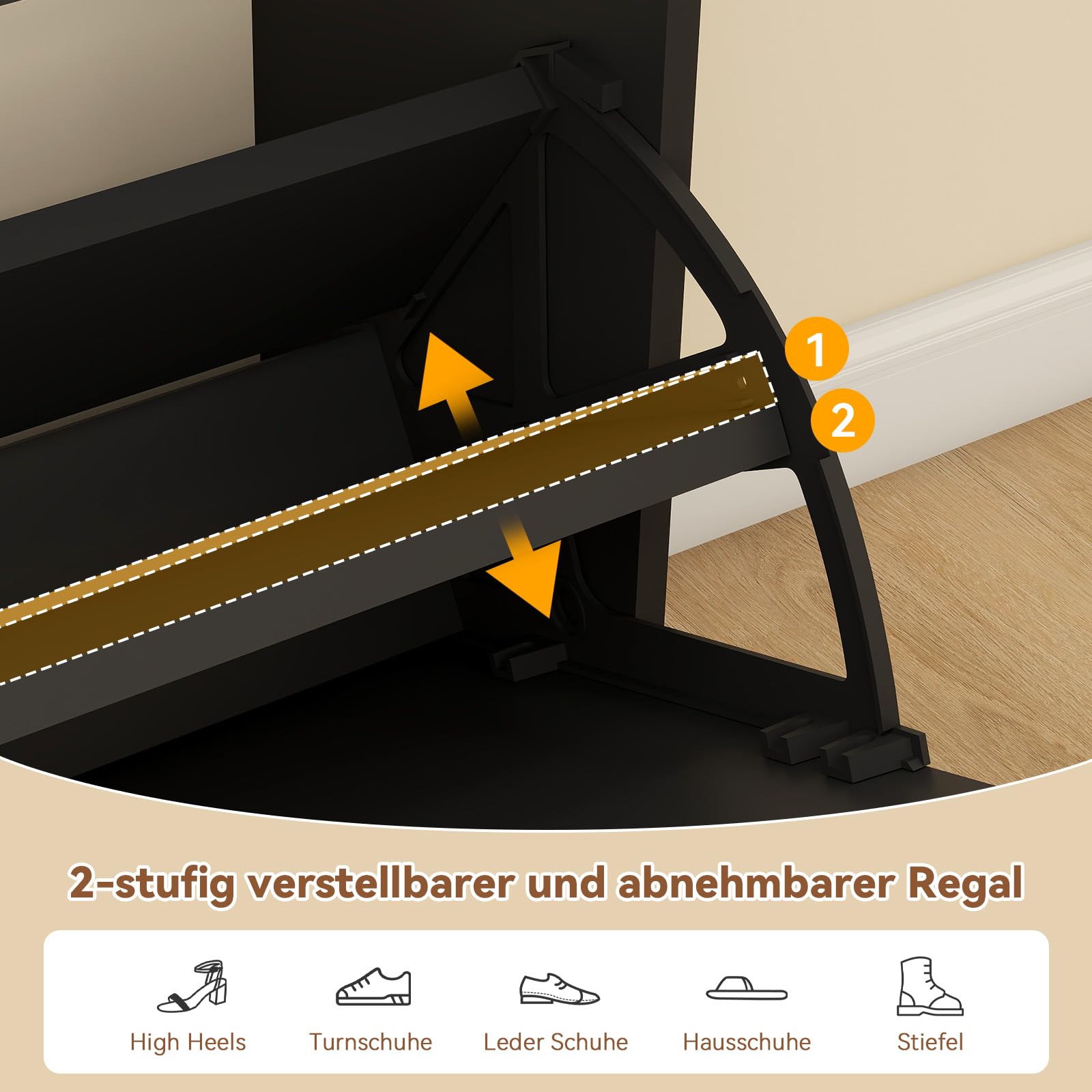 YOURLITE Schuhschrank Schmal,Schuhkipper,2 Klappen & 2 Schubladen,Schwarz | Platzsparender Schuhkipper Holz,Schuhkommode,Trennwand Verstellbar,für Flur,Eingang,Diele,Wohnzimmer,80x24x106cm