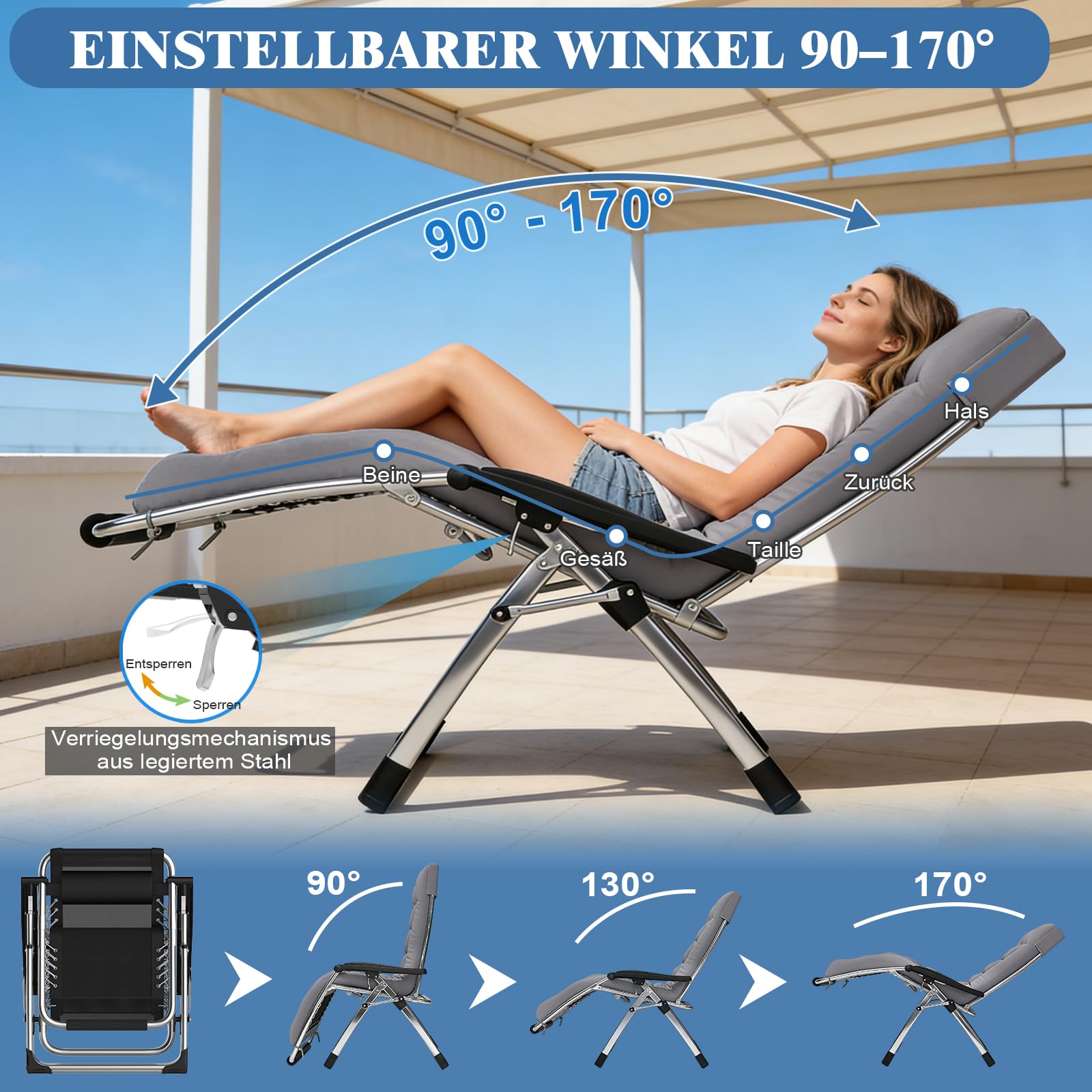 Fiutazge Chaise Longue Pliable Jardin 72cm,Dossier Réglable,Capacité 240kg,avec Coussin, Appui-tête, Porte-Boisson, Repose-Pieds et Housse,Transat de Jardin pour Terrasse,Balcon,Piscine,Camping-Gris