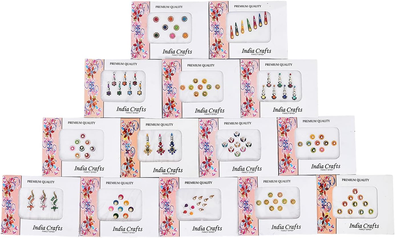 12 Combo Bindi Packs All in One- Multicolored Face Jewels Bindi Stickers Indian Forehead Tika
