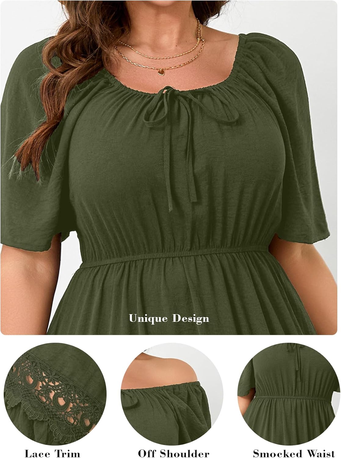 RWJ Women's Plus Size Maxi Dress Short Sleeve Square Neck Flowy A-Line Lace Trim Flutter Party Casual Off Shoulder Dresses - Image 5