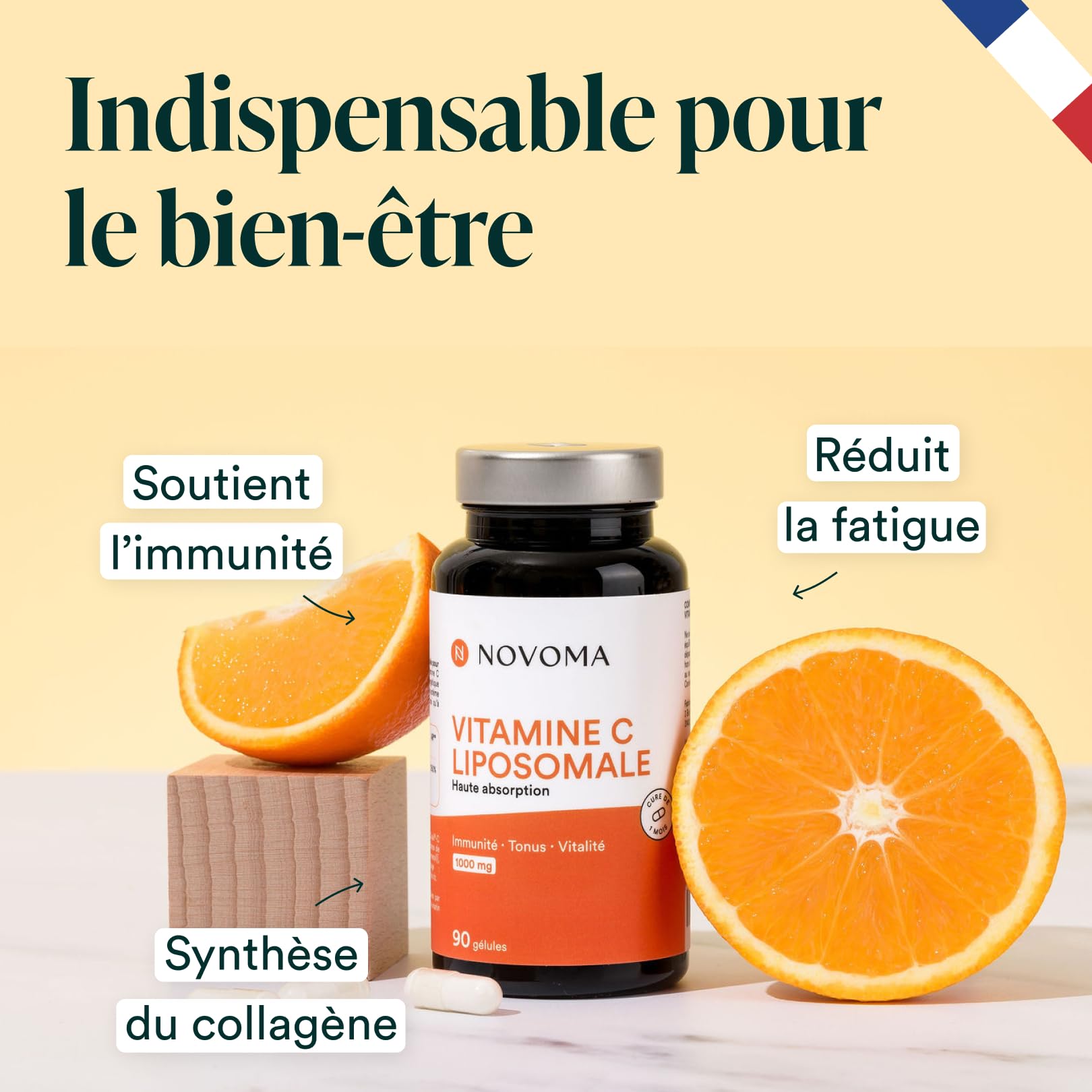 NOVOMA Vitamine C liposomale 1000mg, Assimilation Maximale, 90 gélules végétales, 100% Vitamin Quali®-C, Système Immunitaire & Énergie Naturelle, Cure de 1 mois, Fabriqué en France