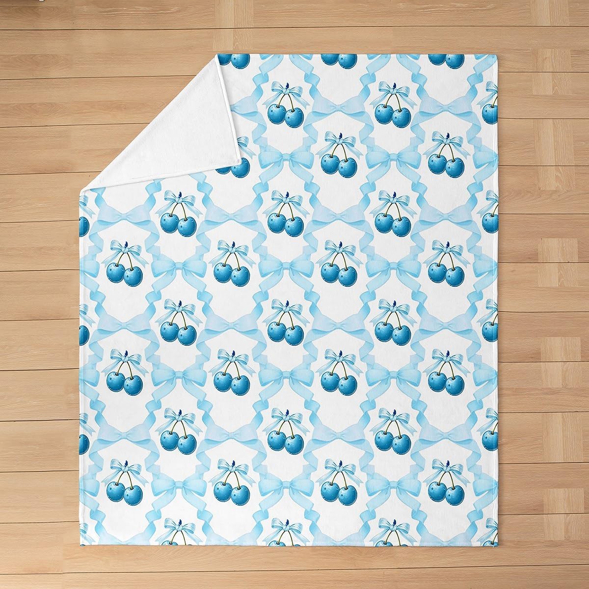 Feelyou Bowknot Cherry Fleece Throw Blanket Queen 90"x90" Kids Cute Kawaii Flannel Blanket Plush Fuzzy for Sofa Couch Boys Girls Teens Light Blue White All Season