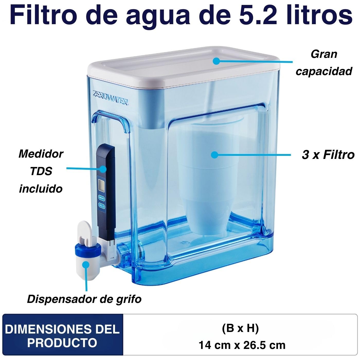 Culligan ZeroWater Dispensador de agua filtrada de 5,2 L. Combo 3 Cartuchos + Dispensador. Certificado IAPMO para Reducir la Cal el Plomo y Otros Metales Pesados.