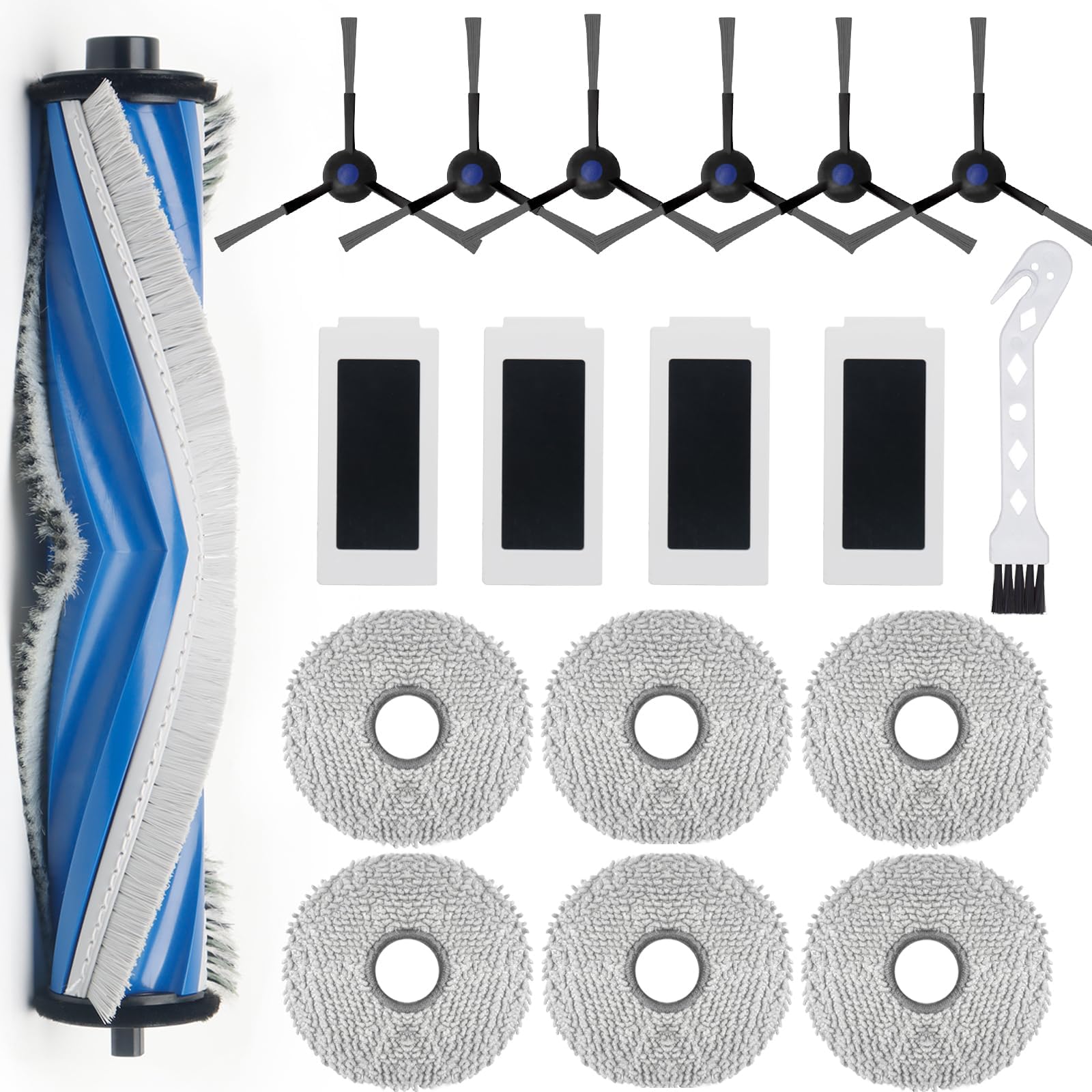 Replacement Parts for ECOVACS DEEBOT T30S, T30S AI, T30S Pro, T30S Combo Robot Vacuum Accessories Kit, 1 Main Brush, 4 Hepa Filters, 6 Mop Pads, 6 Side Brush, 1 Cleaning Tool, 18-Pack