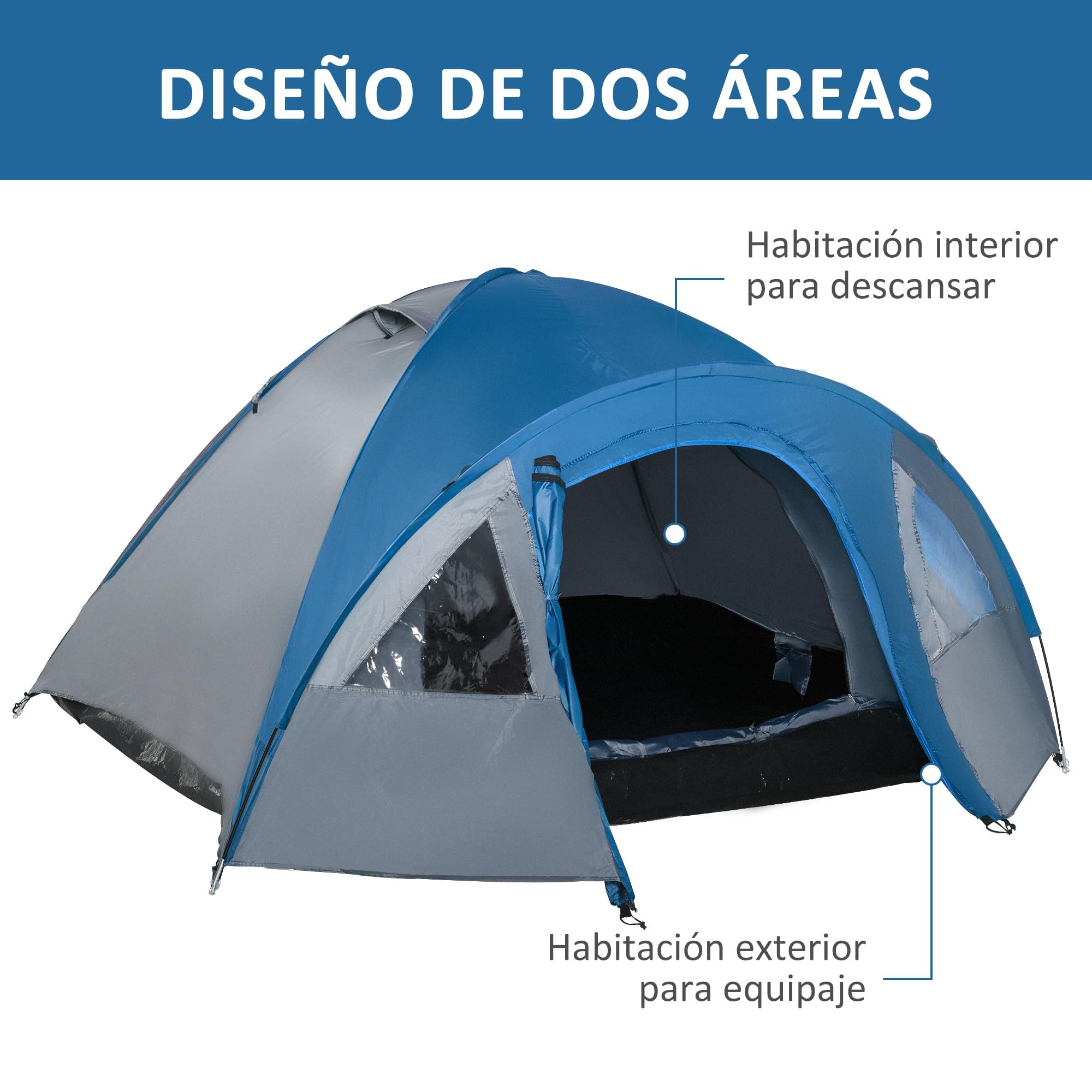 Outsunny Tienda de Campaña para 3 Personas, Tienda de Camping de Doble Capa con 2 Bolsillos, Ventanas y Bolsa de Transporte, 250x300x130 cm, Gris y Azul