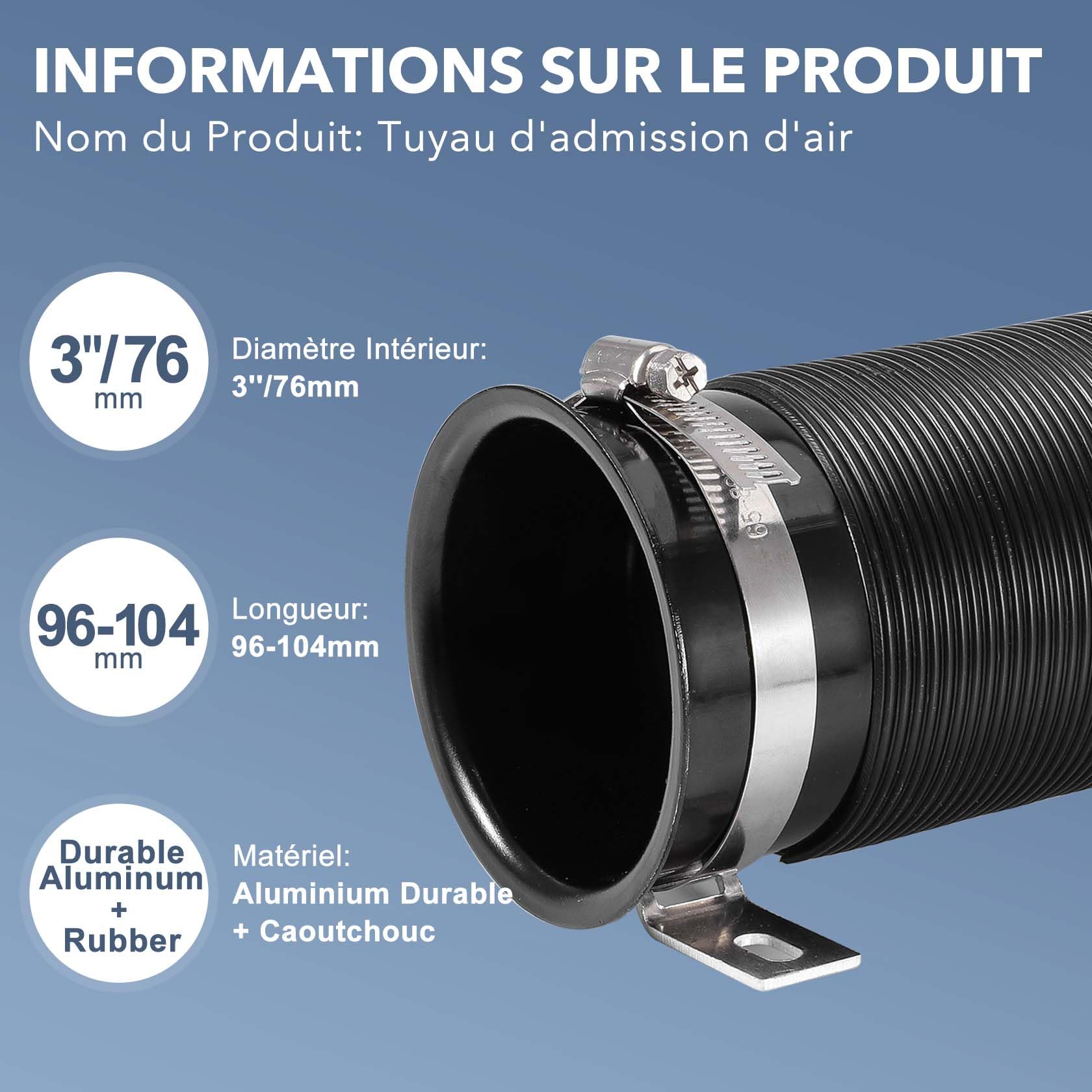 CarBole 76mm Tuyau d'admission d'air, Rétractable Jusqu'à 1m | Conduit D'admission D'air avec Pince de Montage, Modifié Prise D'air Tuyau Flexible Pour Voiture