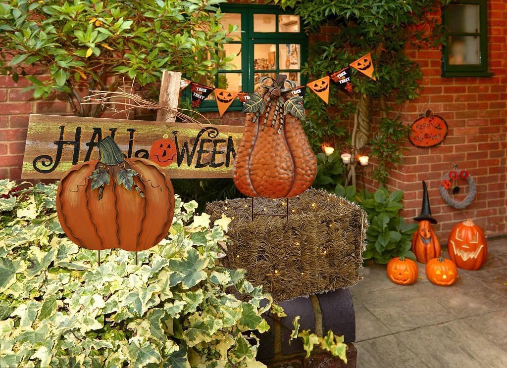 K KILIPES Fall Metal Pumpkin Yard Stake Autumn Pumpkin Yard Sign with Stakes Rustic Pumpkin Decorative Garden Stake Fall Harvest Thanksgiving Pumpkin Outdoor Decor