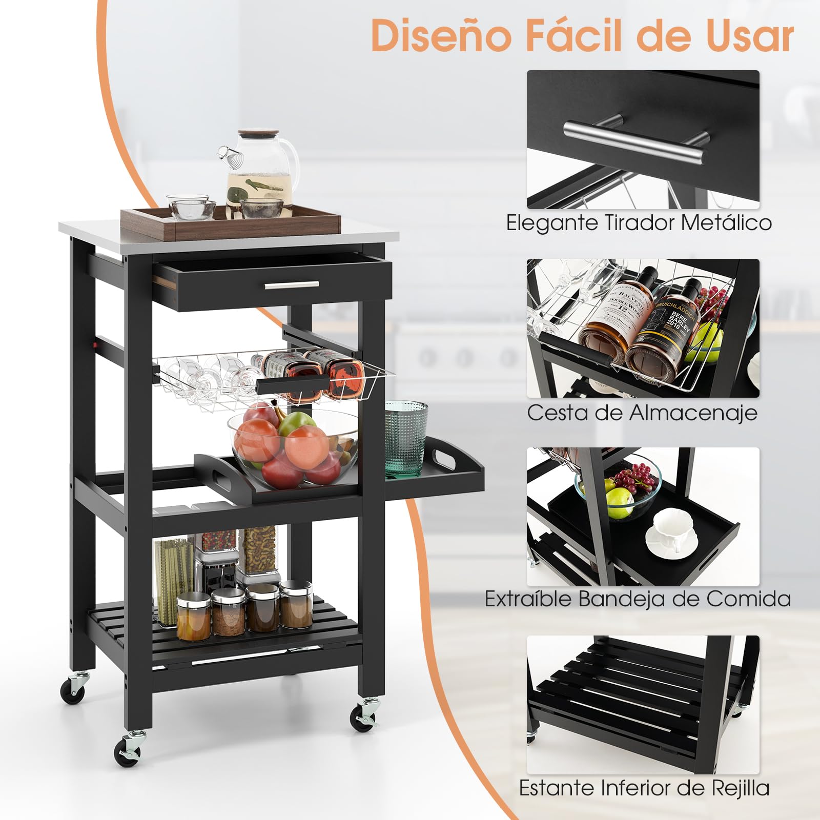Giantex Carrito de Cocina 4 Niveles, Carro de Servicio con Encimera de Acero Inoxidable, Cajón, Canaseta, Bandeja y Estante Abierto, 47x39x85cm, Mueble Auxiliar para Cocina, Comedor, Salón (Negro)