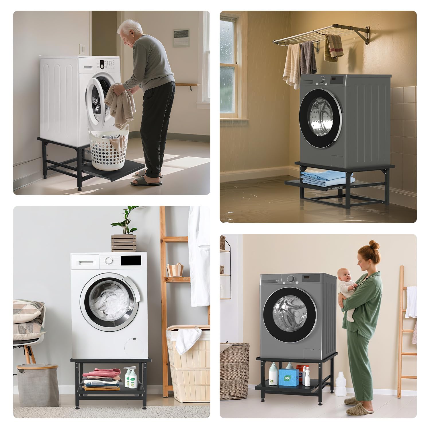 Herrselsam Base per lavatrice con ripiano estraibile, altezza 42 cm, piedini regolabili in altezza e assorbimento del rumore, base per lavatrice con cassetto estraibile a 3 livelli, portata 150 kg
