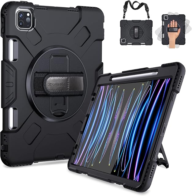 GROLEOA Case for iPad Pro 11 inch 2022/2021: Robust Shockproof Protective Cover for iPad Pro 4th/3rd Generation with Pencil Holder-Adjustable Shoulder Strap-360° Rotating stand-Black