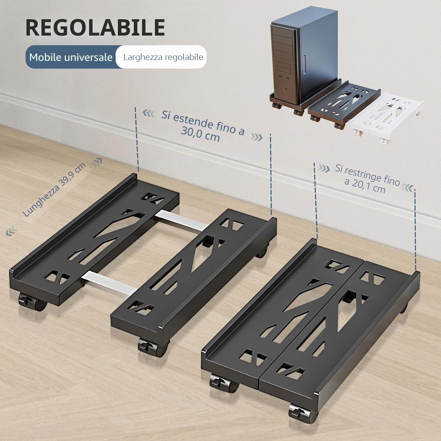 Supporto PC Fisso, Carrello Porta pc con 4 Ruote Girevoli, Universale CPU Tower Holder Cart, Regolabile Supporto per Computer Desktop, per la Casa e L'Ufficio(Nero)