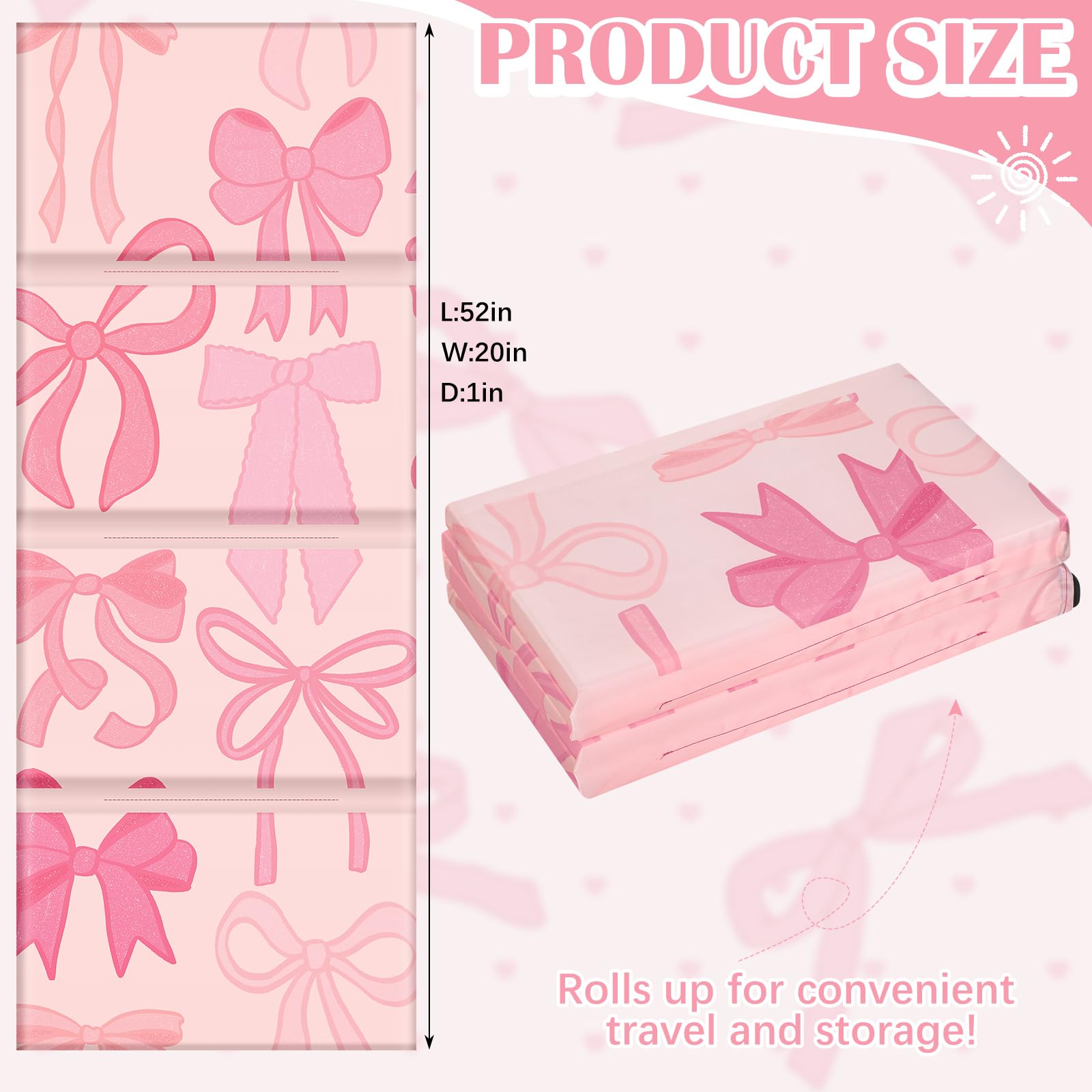 Shellwei Vinyl Nap Mat for Kids Preschool Daycare 52 x 20 x 1'' Kids Sleeping Folding Rest Mat for Toddler Boys Girls Baby Classroom Home Travel(Pink Bow)