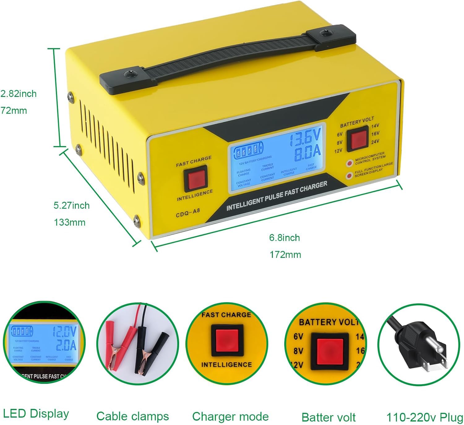 Chargeur de batterie 6/8/12/14/16/24 V, entièrement automatique avec pinces de câble