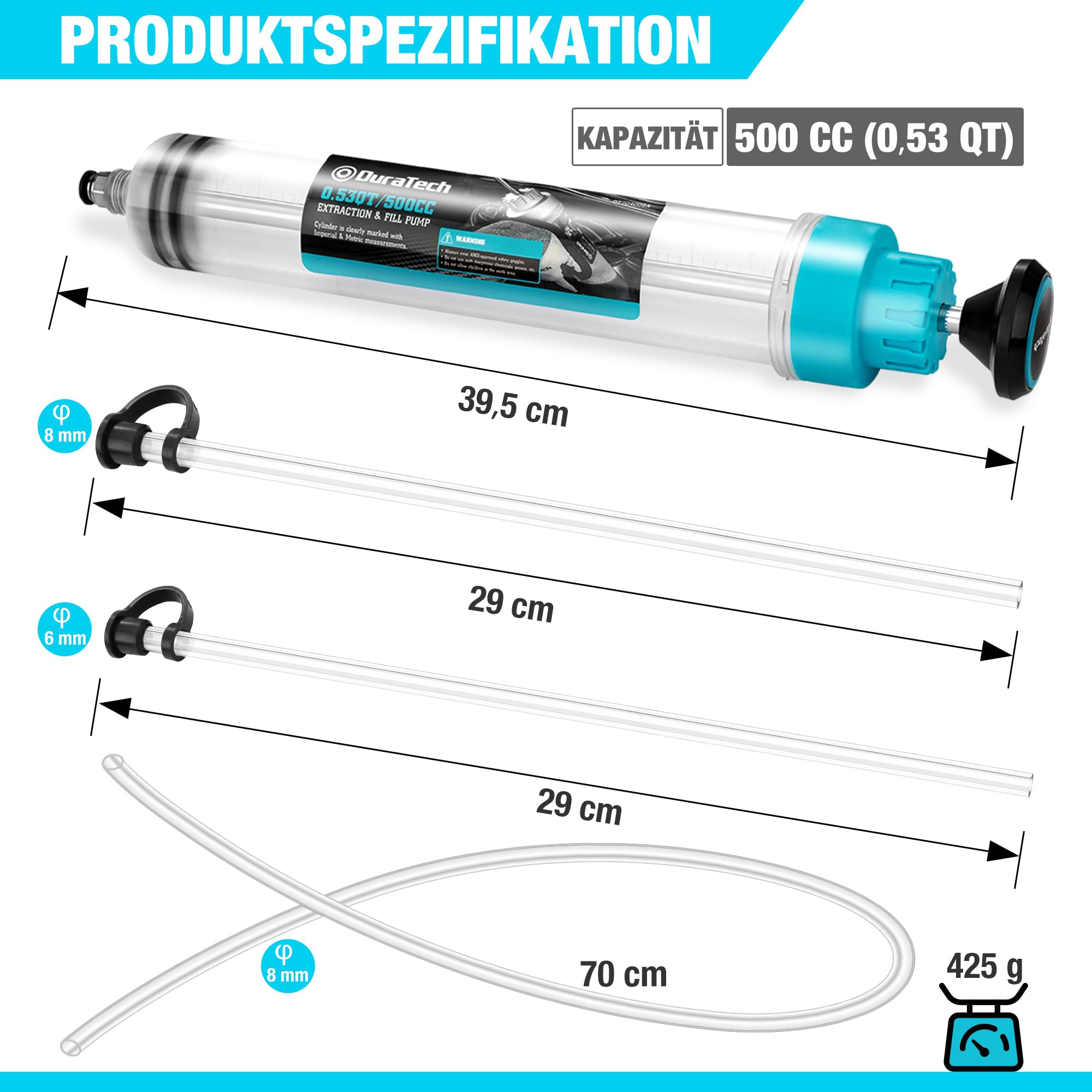 DURATECH 500 ml Ölabsaugpumpe, Ölabsaugspritze, Ölspritze, Flüssigkeitsabsauger mit 2 Schläuchen und Ersatzringen, zum Absaugen und Einspritzen von Öl und Flüssigkeiten