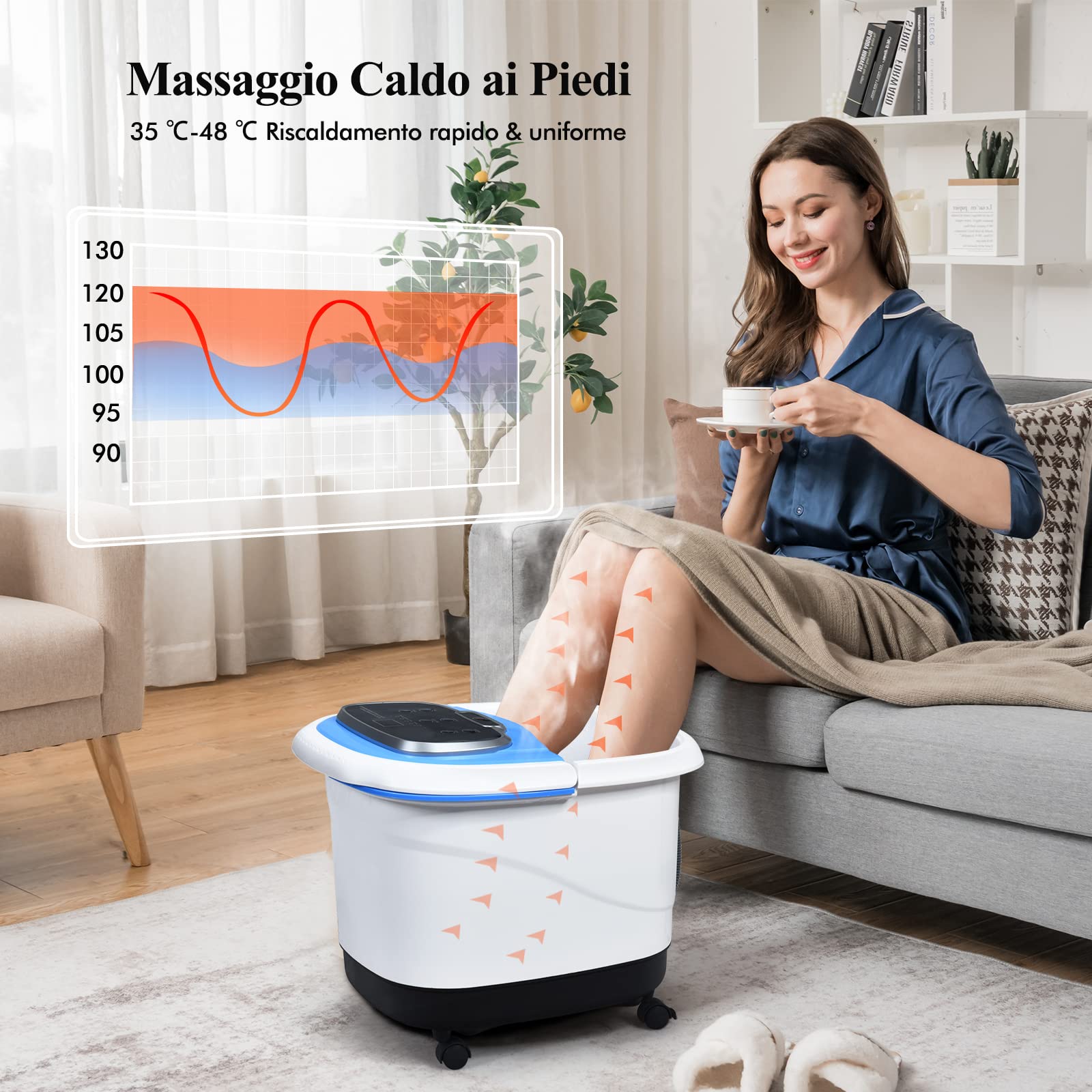 RELAX4LIFE 48 Pediluvio Massaggiatore Piedi Elettrico con Doccia, Riscaldamento Rapido e Mantenimento Temperatura, Sterilizzazione a Infrarossi e Timer 60min con Rotelle, Fino al 48