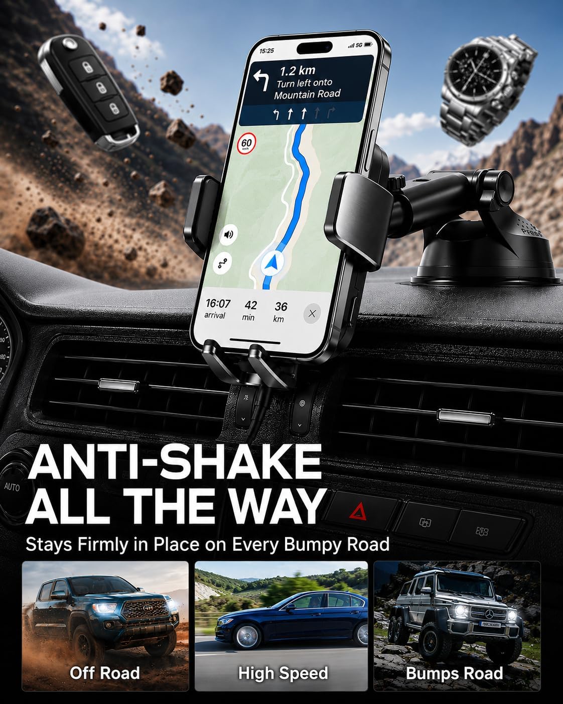 HTU 2026 Upgraded Wireless Car Charger Mount, 【Strongest Suction & Military-Grade Certs】 15W Fast Charging Auto-Clamping Phone Holder for Dash Windshield Air Vent, Fit for iPhone & Android, Jet Black