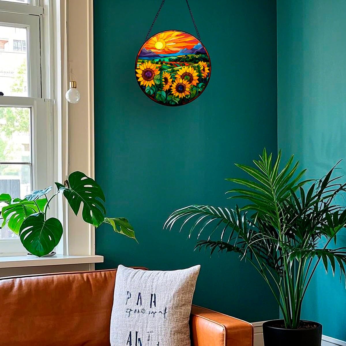 Sunflower and Butterfly Stained Glass Window Hanging, Round Flower Art Wall Decor Suncatchers for Windows, Gifts for Women, Grandma, Housewarming | Vibrant Colors, Indoor/Outdoor Décor (Yellow-2)