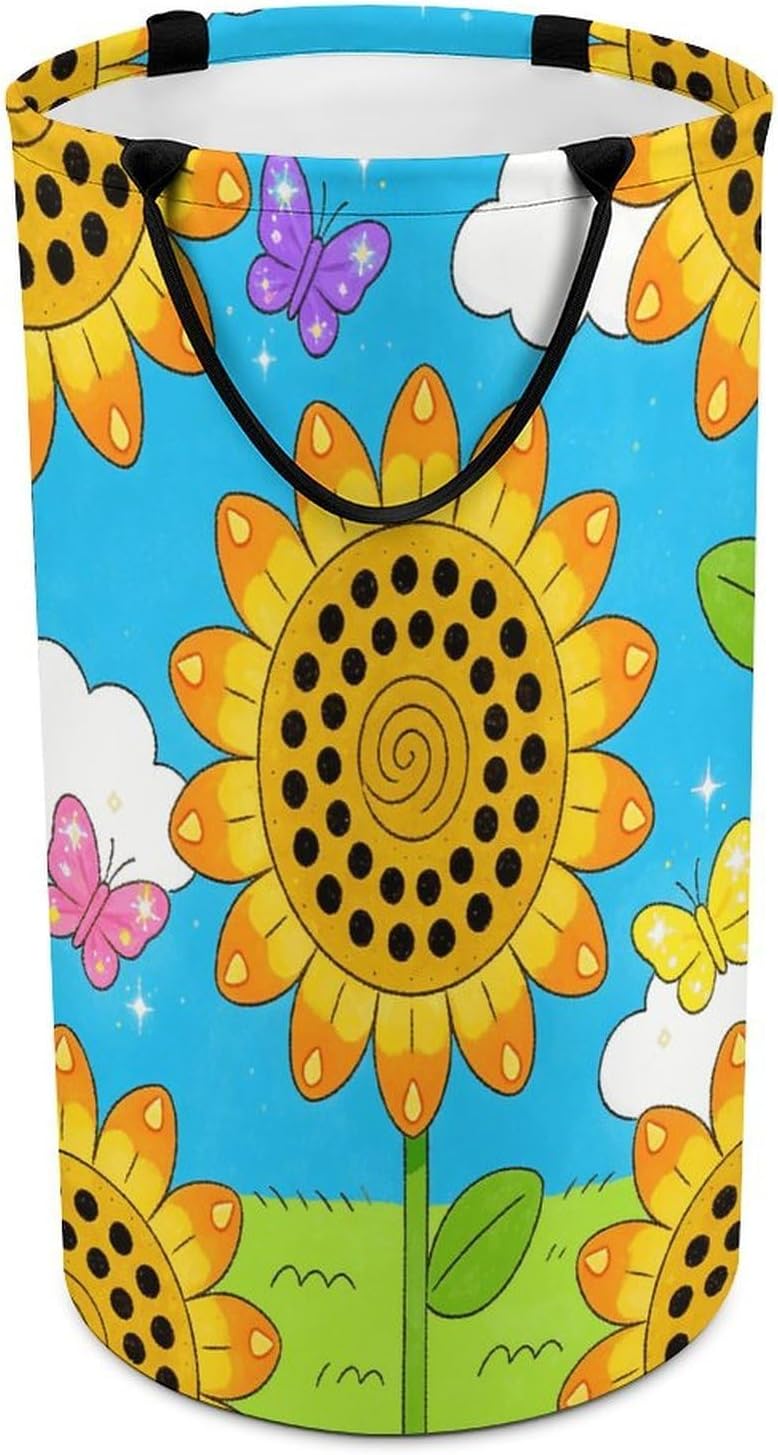 Sunflowers And Butterflies Laundry Hamper with Handles Waterproof Collapsible Laundry Basket Large Lightweight Round Dirty Clothes Hamper for Home Dorm Bathroom Decor