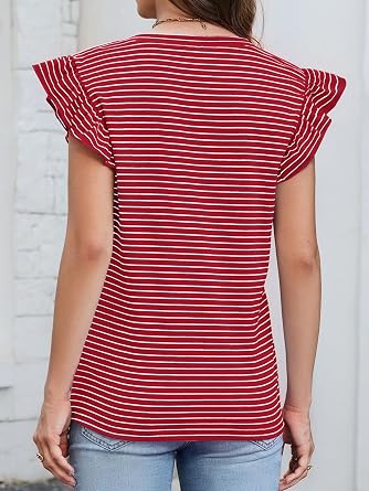 JUSTFASHIONNOW Womens Summer Tops Striped T-Shirts Ruffle Short Sleeve V Neck 2026 Casual Tee Trendy Blouses