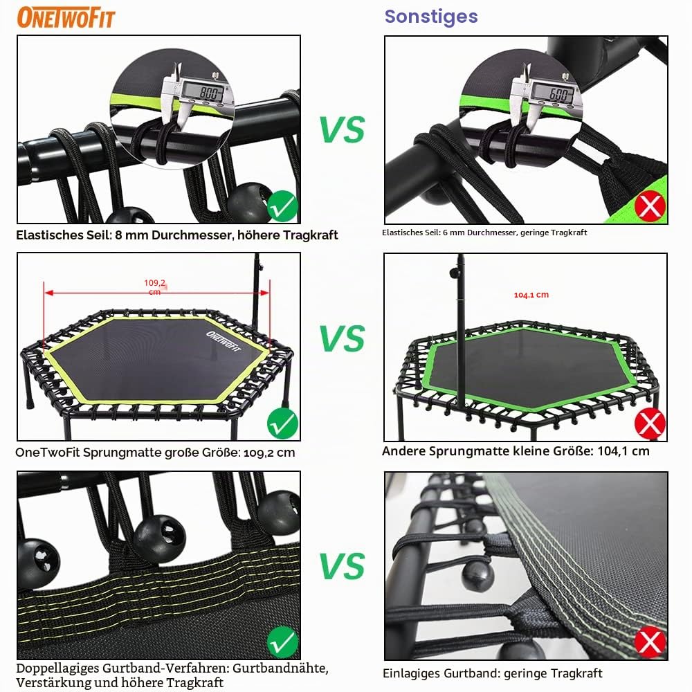 ONETWOFIT 122cm Mini Trampolin Outdoor mit verstellbarem Handgriff, Fitness Trampolin Indoor, Bungee Rebounder, Jumping Cardio Trainer Workout