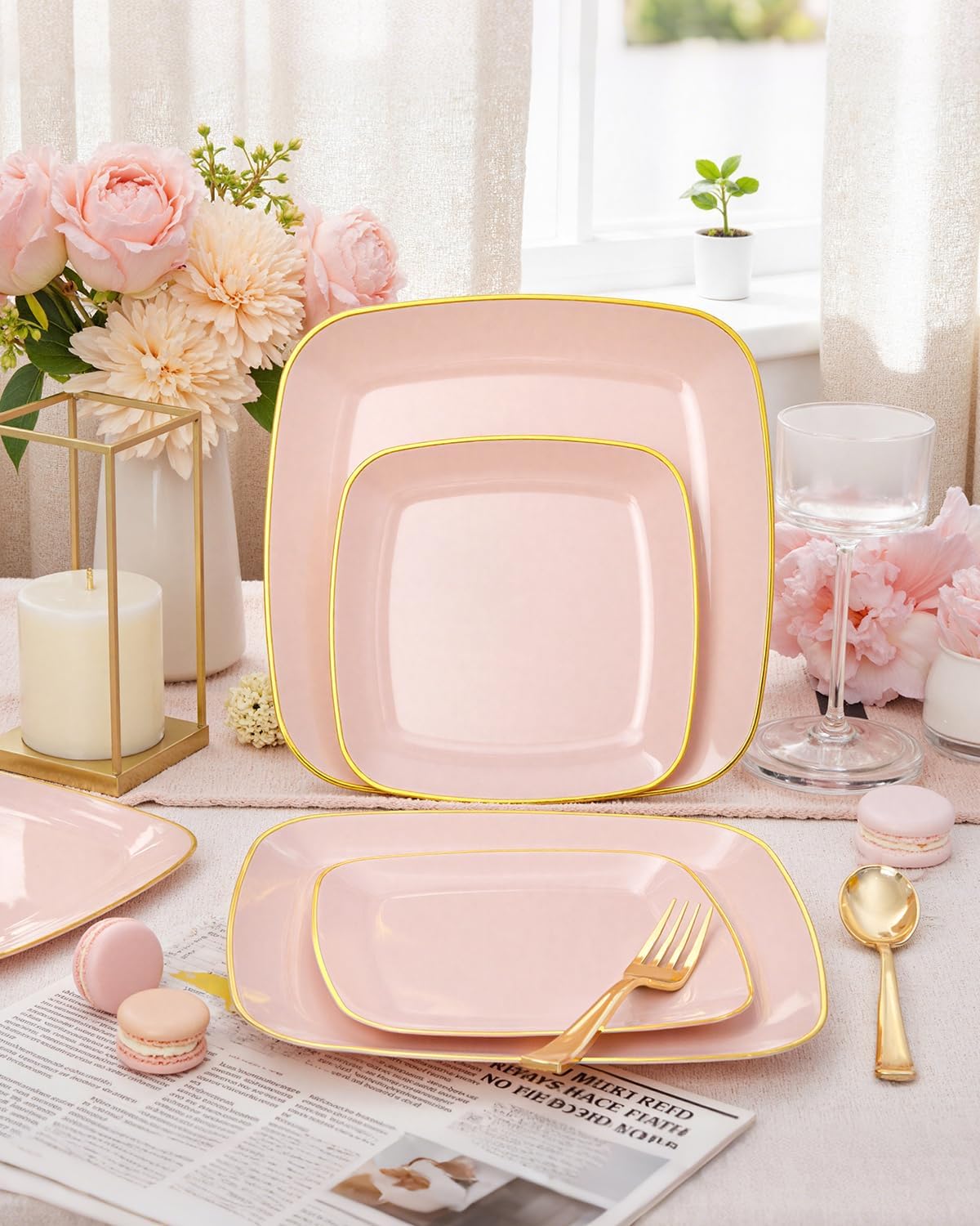 bUCLA 100PCS Pink Plastic Plates - Heavy Duty Square Pink and Gold Disposable - Include 50 Dinner 10 inch & 50 Dessert 7.25 inch Plates for Party, Weeding & Easter