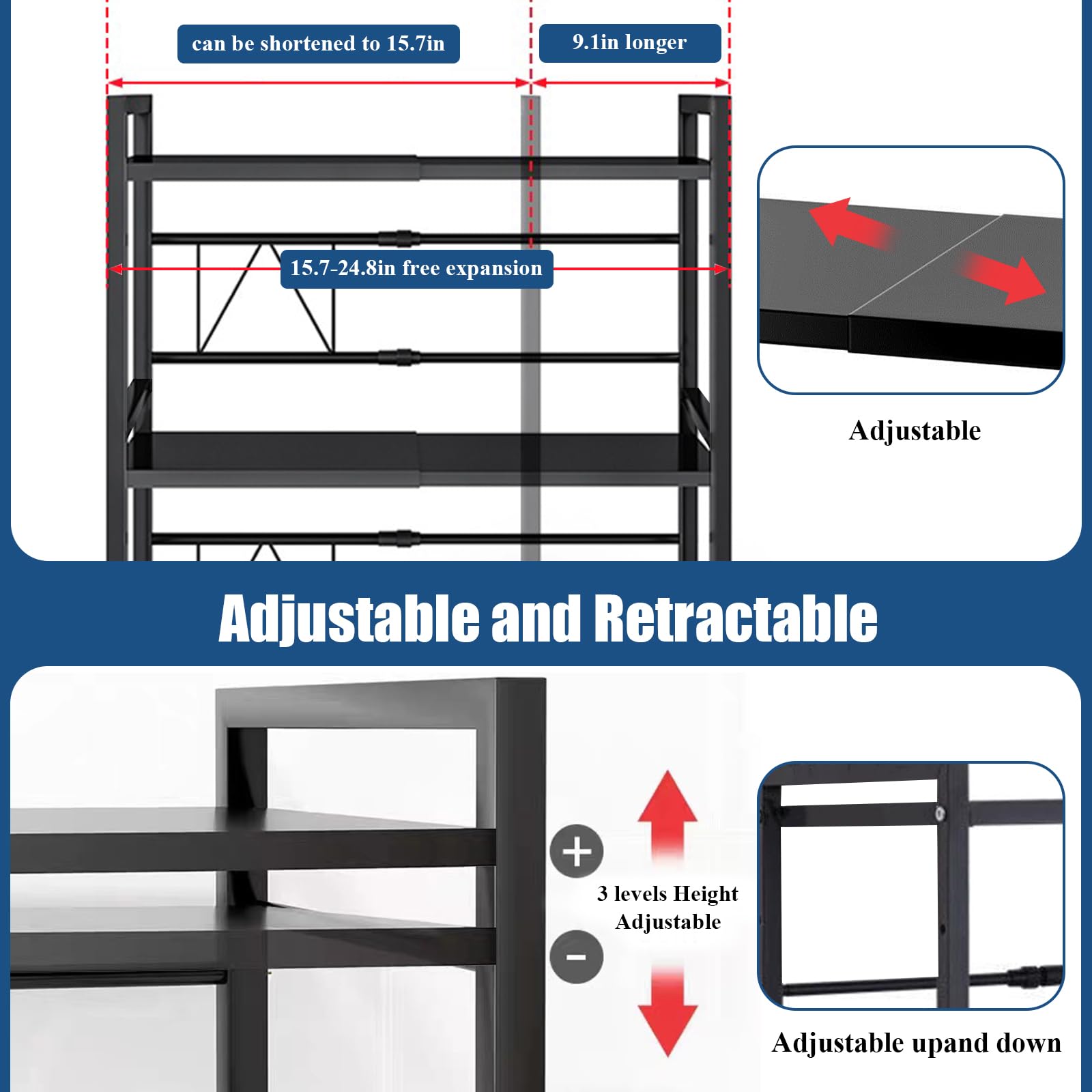 Verstellbares Mikrowellenregal, 3-Stufig Erweiterbares Küchen Mikrowelle Ständer Regal, Mikrowellenhalter aus Kohlenstoffstahl, Küchenaufbewahrung Organizer mit 6 Haken, Schwarz