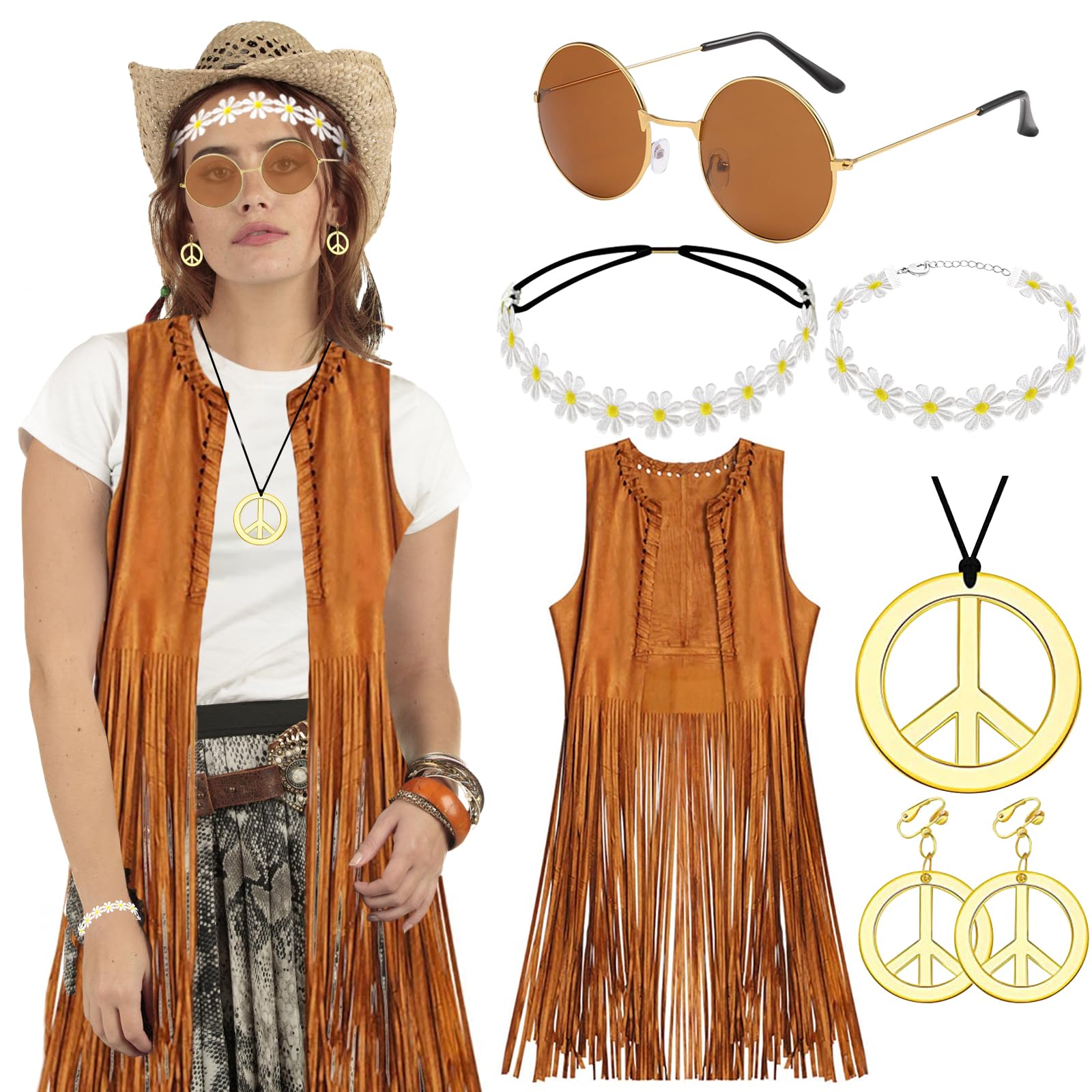 LEACCO Hippie Kostüm Damen Weste 5stk Boho Retro Hippie Kleidung Accessoires 60er 70er Jahre Bekleidung Damen Disco Outfit Karneval Cowgirl Kostüm Frau Braun Fransenweste Frau Faschings XS