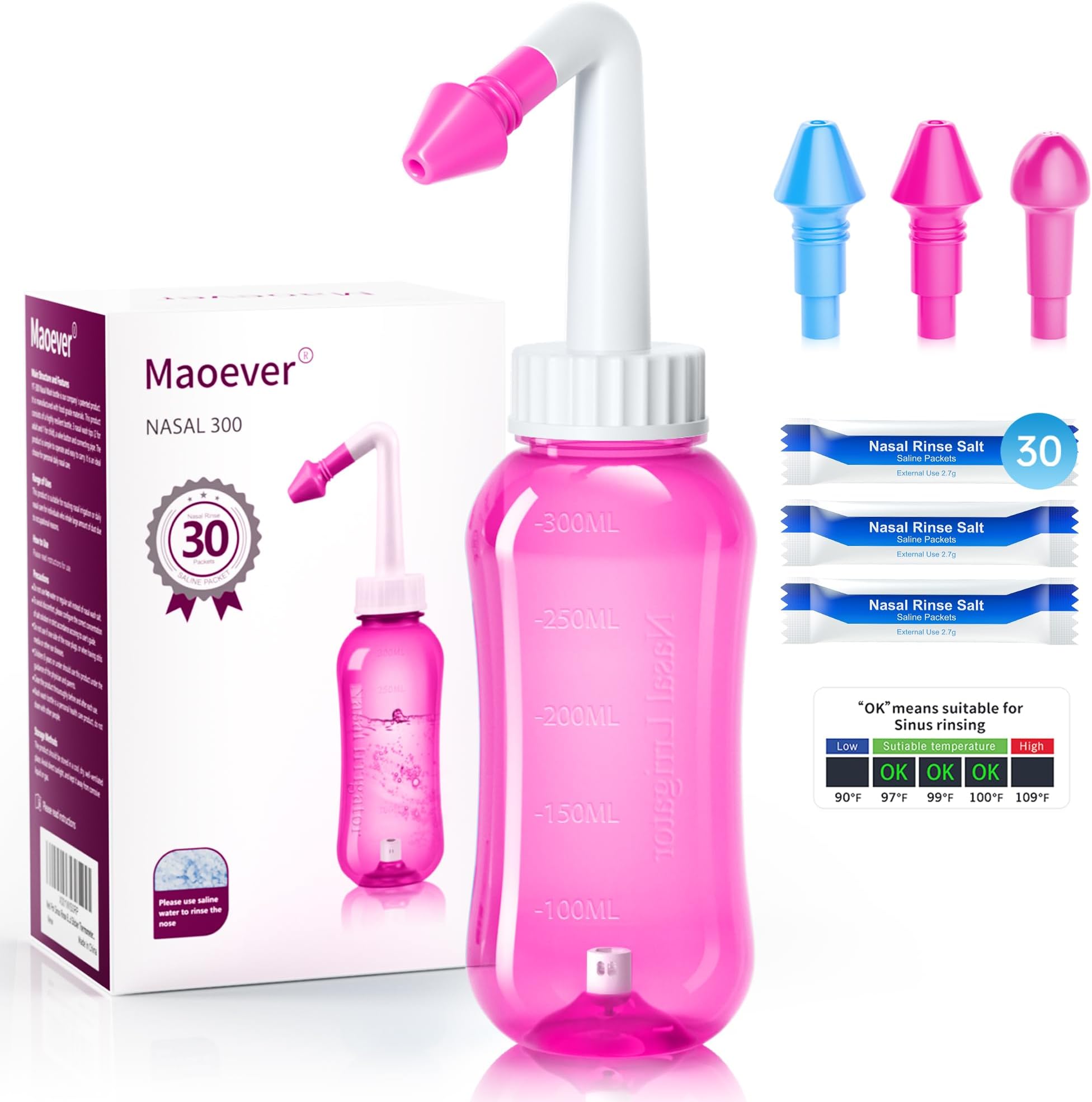 Nasendusche Set, Nasenspülkanne zur Nasenreinigung und Nasenspülung,BPA-frei, 300 ml, mit 30 Nasenwasch-Salzpaketen und Aufkleberthermometer(Rosa)