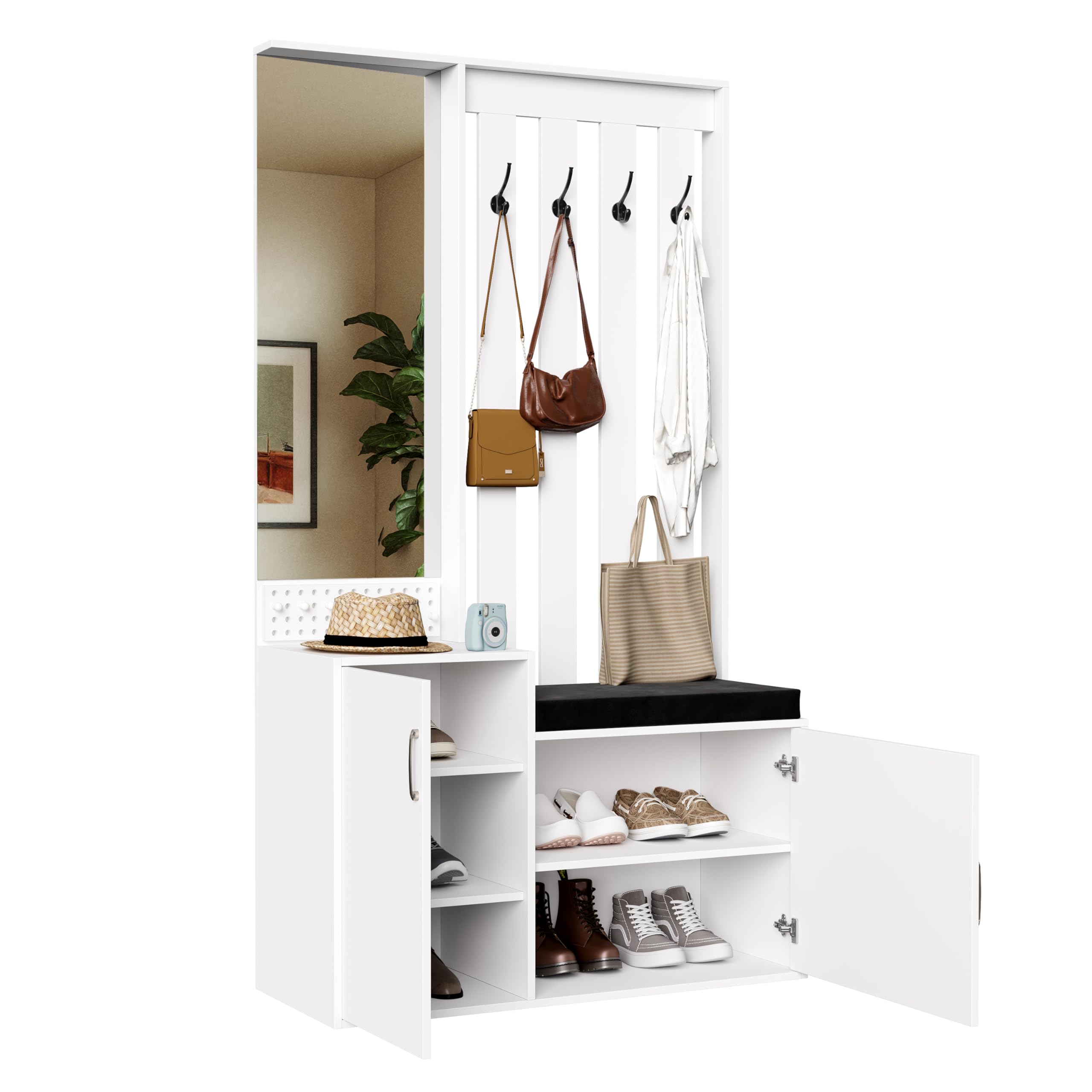 Porte-Manteau de Couloir avec Banc de Rangement Rembourré 40x100x180cm, Meuble à Chaussures de Couloir Multifonctionnel avec Patère, vestiaire d'entrée Moderne avec Miroir
