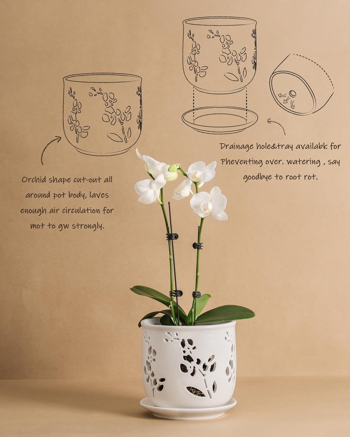 Fayoula Orchid Pot, 6.5 inch Large Orchid Pots with Holes for Healthy Growth and Easy Repotting, Premium Ceramic Orchid Planter for Indoor and Outdoor Use, (Note : Plant Not Included)