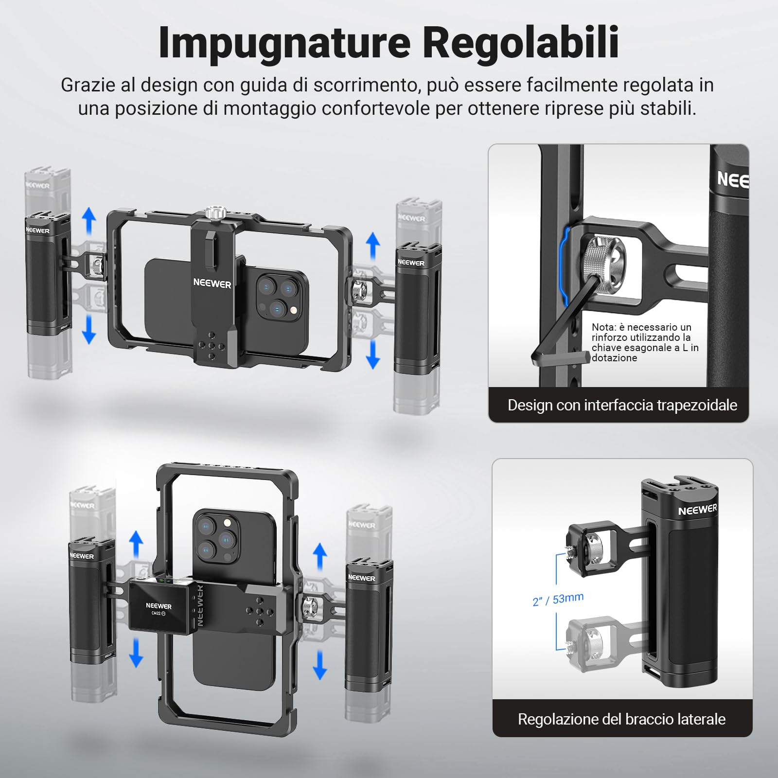 NEEWER Kit Vlogging Rig Telefono Aggiornato, Stabilizzatore Video con Doppia Maniglia, Slot per Clip Mic per Tiktok/YouTube, Compatibile con SmallRig iPhone 16 15 14 13 Pro Max Galaxy S23, PA009