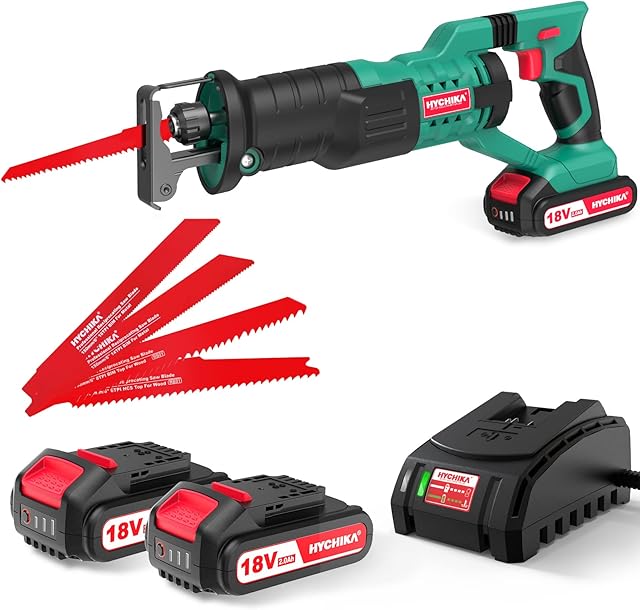 Reciprocating Saw, HYCHIKA 18V Cordless Saw with 2x2000mAh Batteries, 0-2800rpm Variable Speed Electric Saw, 4 PCS Saw Blades, 1 Hour Fast Charger, LED Light, Ideal for Wood and Metal Cutting