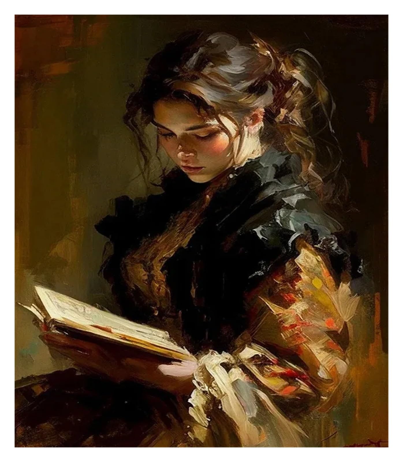 Peinture à l'huile sur toile femme lecture portrait d'art rétro moderne