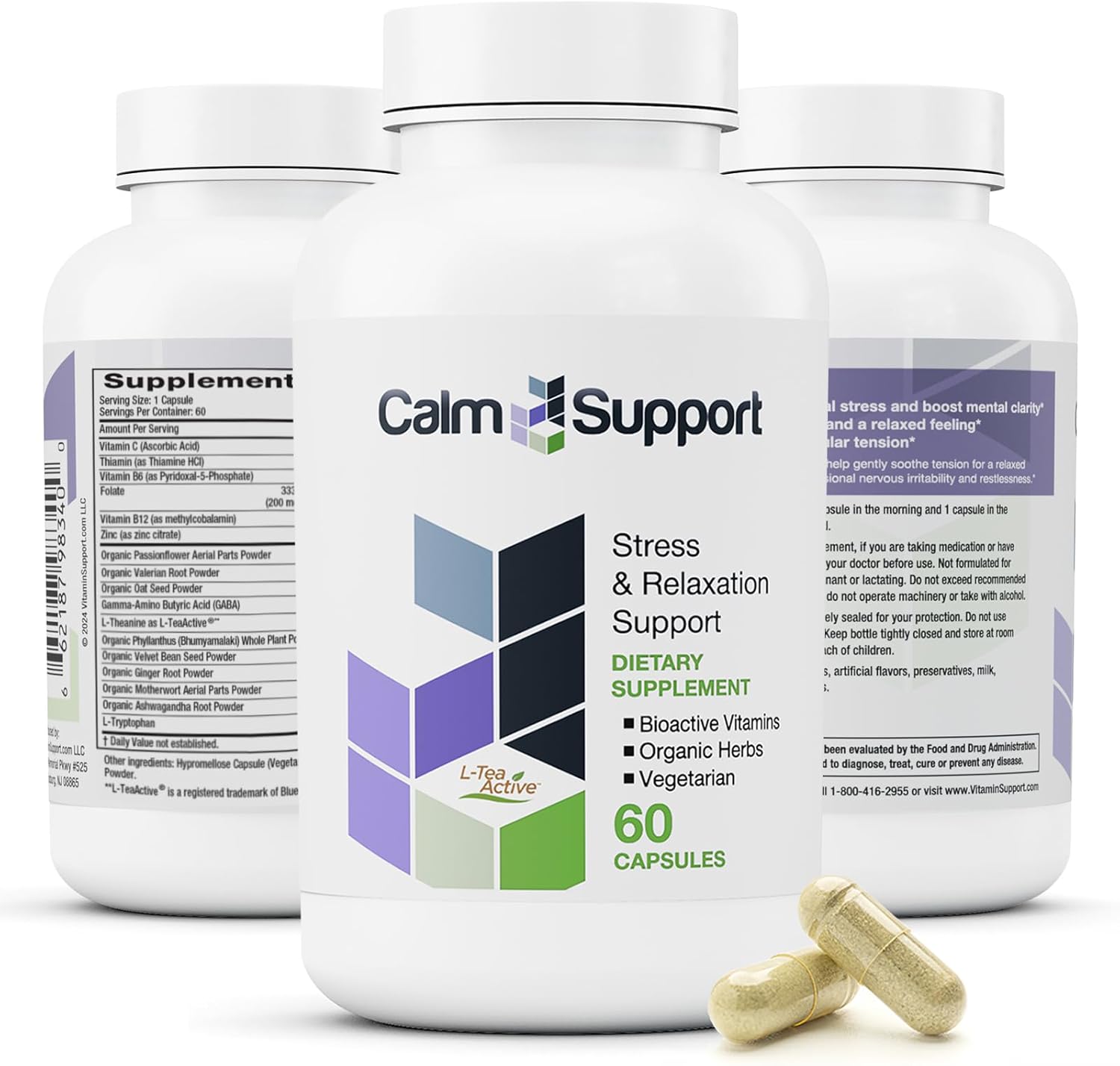 CalmSupport: Stress & Relaxation Support – Ashwagandha, Passion Flower, Valerian Root, Ginger, GABA, Velvet Bean, Motherwort, Oat Seed, Phyllanthus, L-Theanine, L-Tryptophan, Folate, C,B1,B6,B12,Zinc
