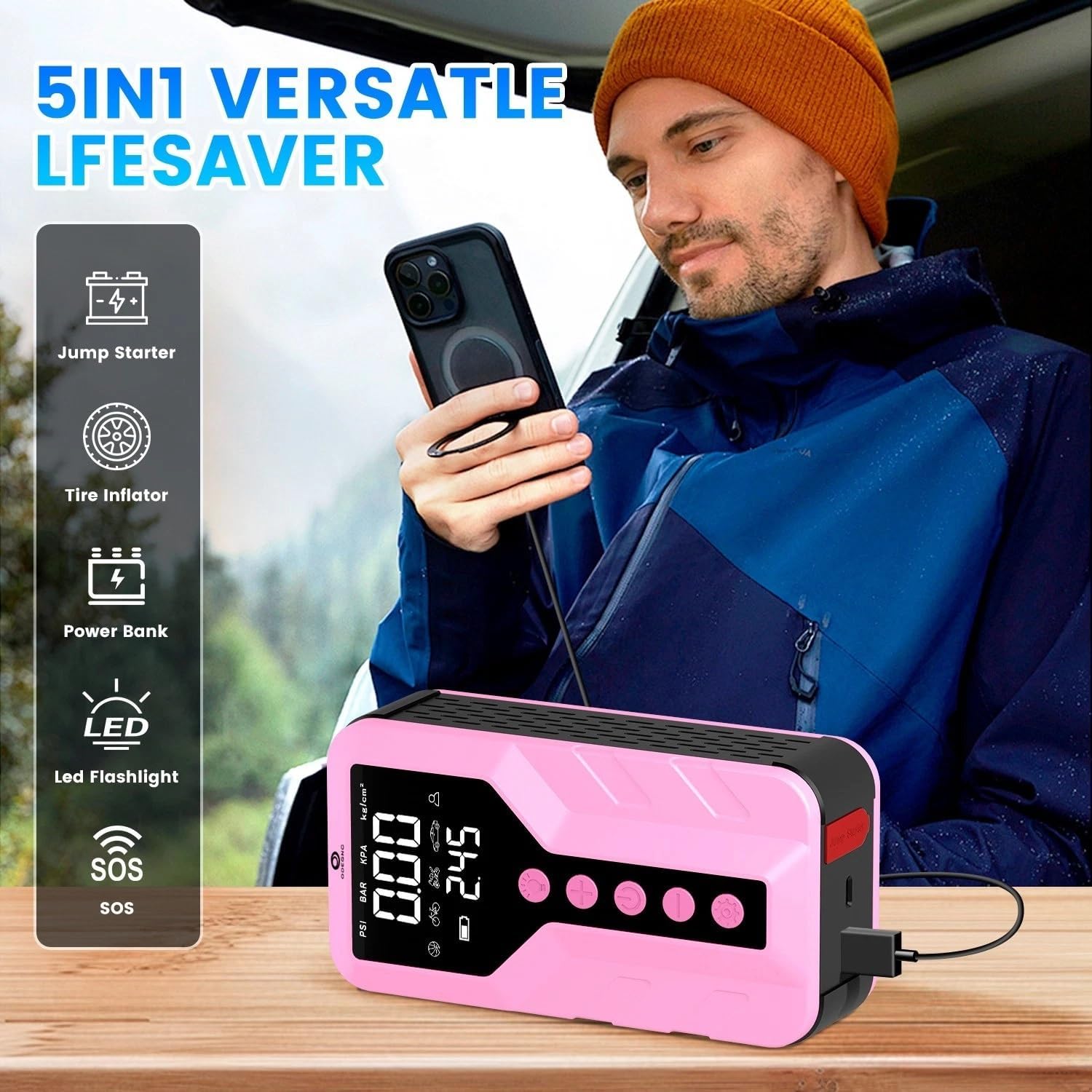 Jump Starter with Air Compressor for All-Terrain Vehicles, Deep Pink, Lithium Ion, 12 Volts, 6000 Amps Peak, 25000mAh