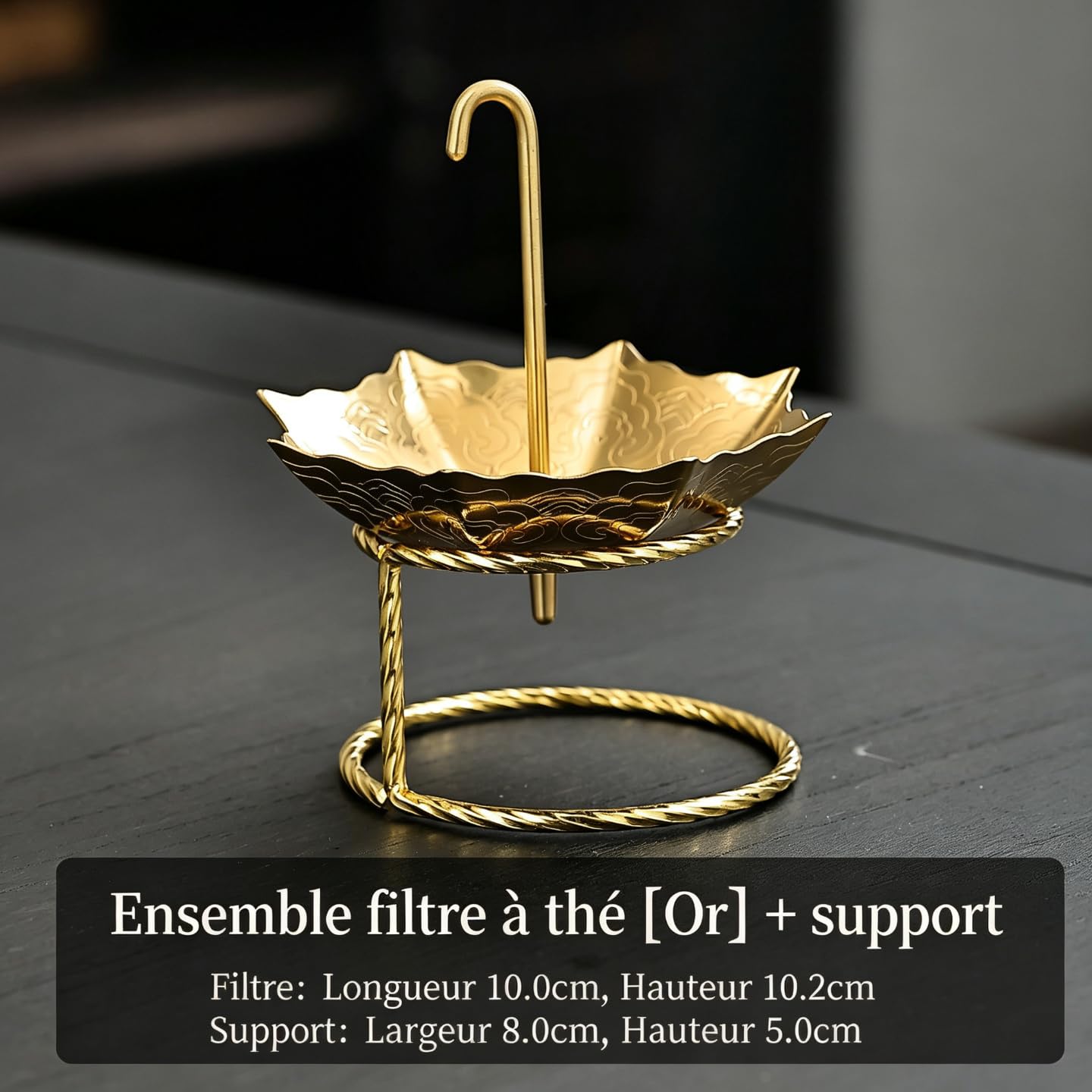 Accesorio de filtración de té en forma de paraguas - Pasapapero de té de acero inoxidable 304 con asas aislantes - Apto para tazas, teteras y escritorios - Modelo dorado ([oro] + soporte)