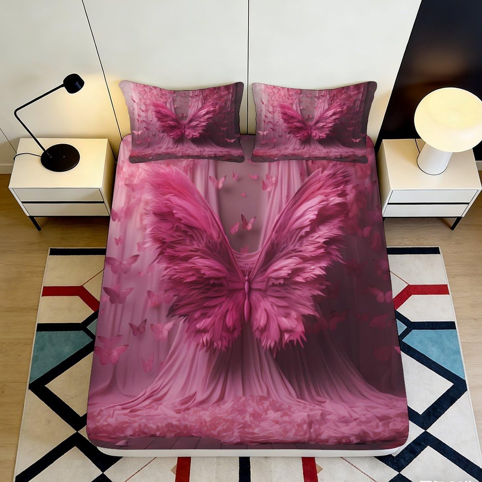 3D Printed Pink Butterfly Fitted Sheet Microfiber Soft Breathable 3D Printed Butterfly Mattress Cover for Bedroom Dormitory Guest Room Protection 200x200x25cm