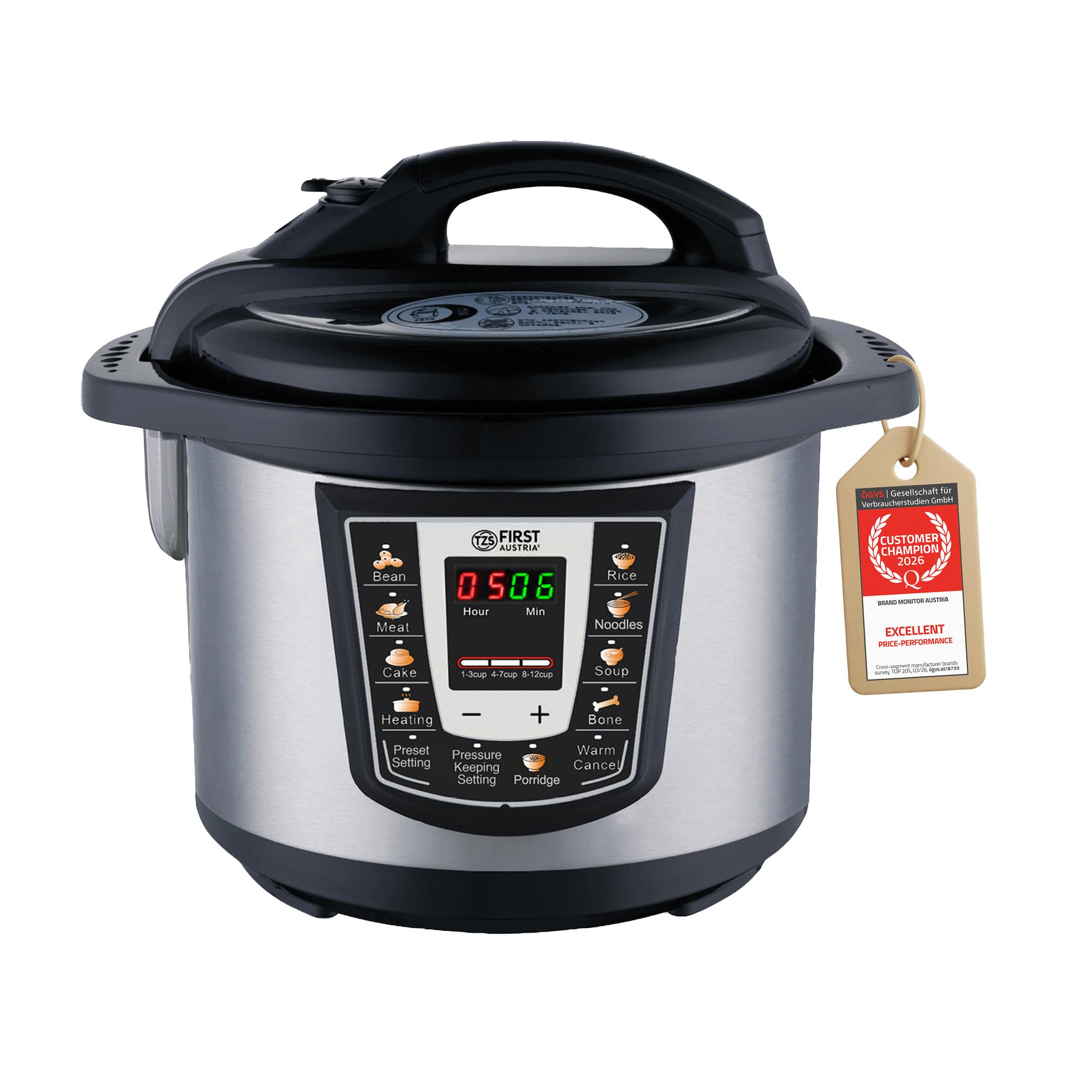 TZS First Austria - Olla a presión eléctrica 6L con 9 programas automáticos - Multicooker 1000W como arrocera, vaporera, Crock Pot, etc. - Multiolla eléctrico a presión