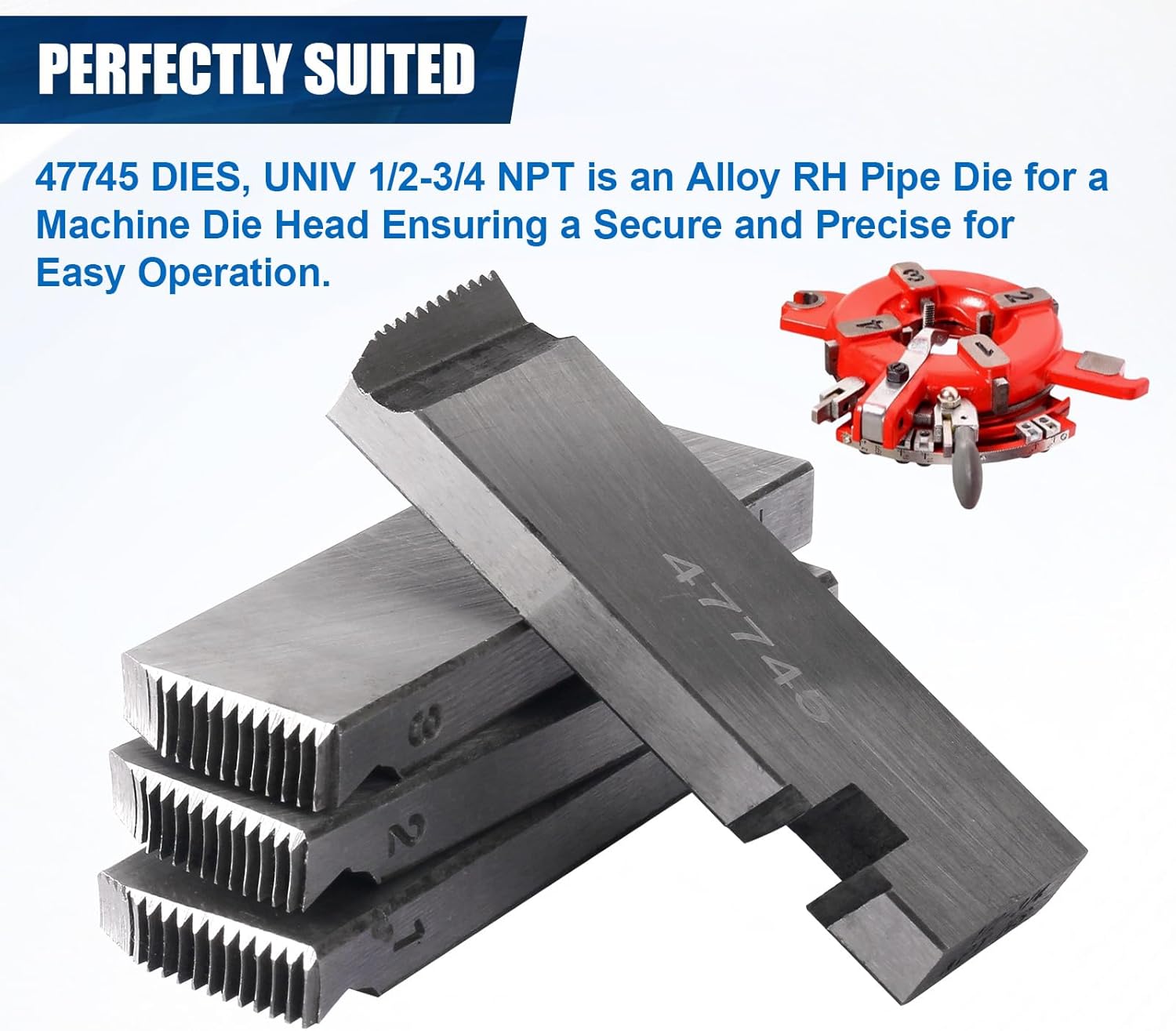 47745 Threading Machine Dies for RIDGID Hs Hardened Steel Npt Pipe Dies 1/2" to 3/4" Pipes, Universal Die Heads, Right-Handed 4-Piece