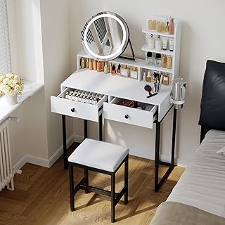 Small Vanity Desk with Mirror for Bedroom: Compact Makeup Table Set with Lights